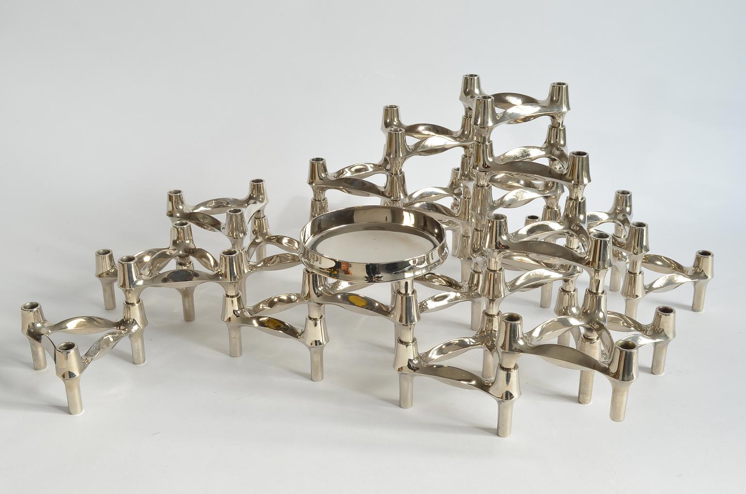 Sculptural object of 25 BMF Fritz Nagel and Caesar Stoffi Modular Candleholder Elements, Germany, 1970s. Metal chromed silver.