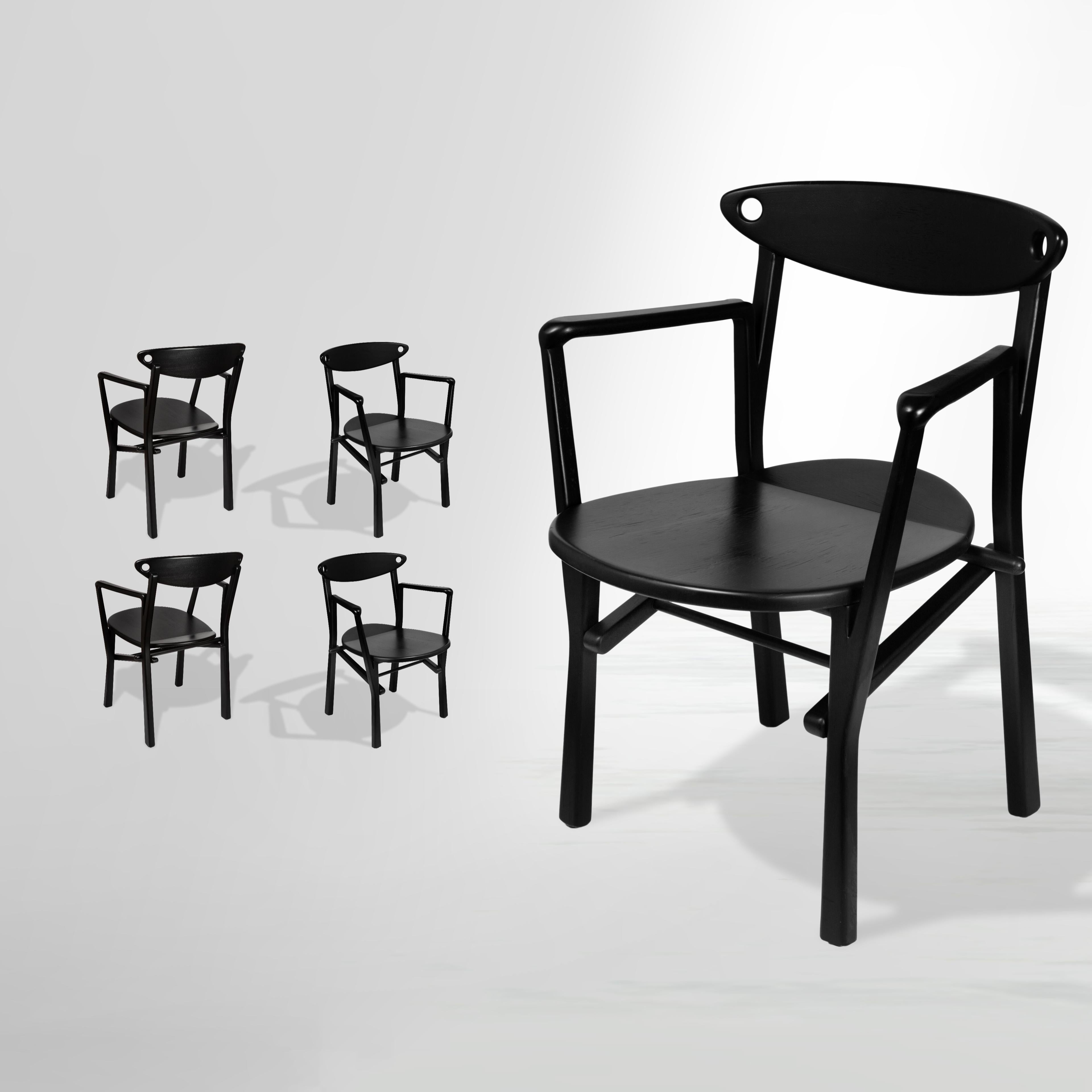 Organic Modern Set of 04 Dinner Chairs Laje in Ebony Finish Wood For Sale