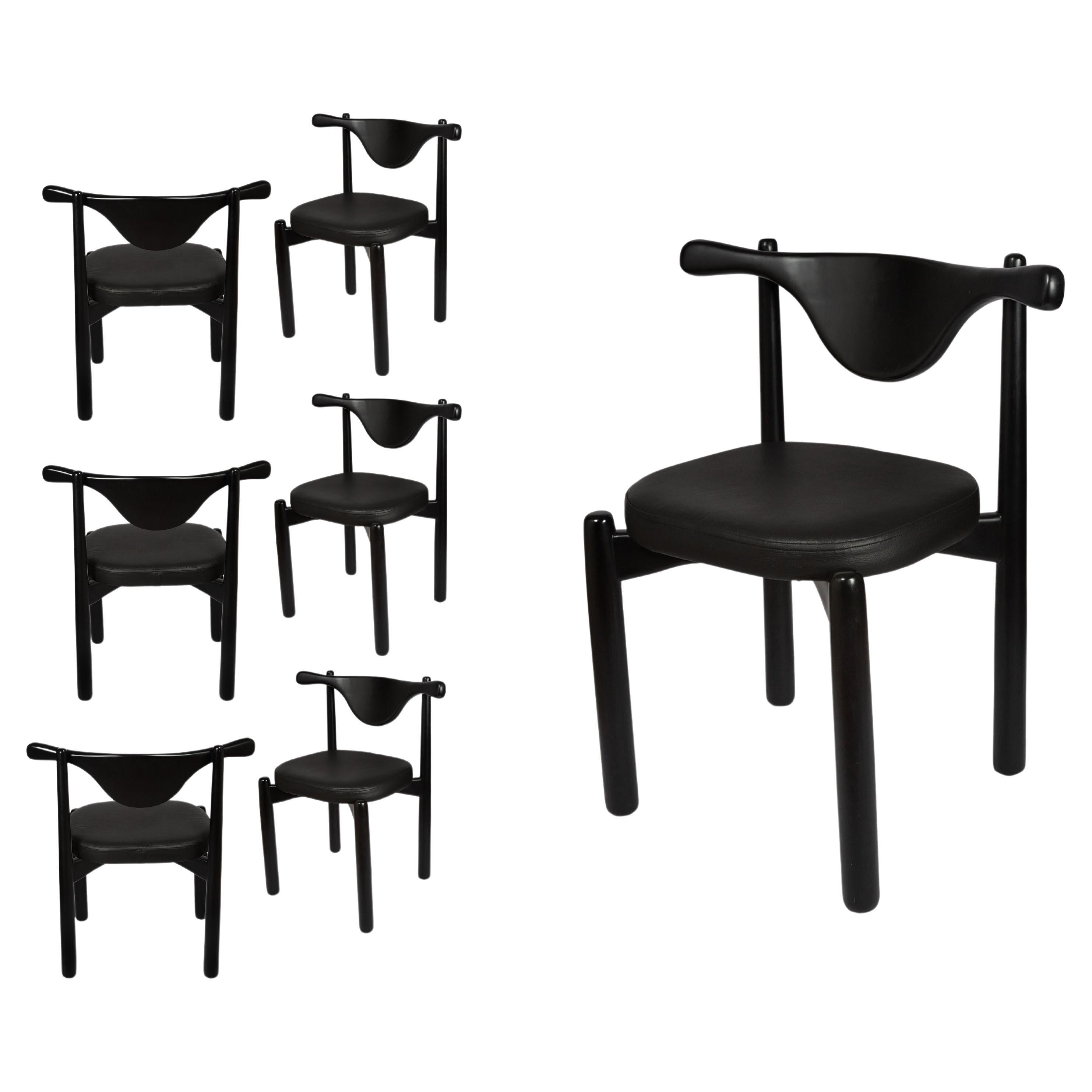 Set of 06 Dinner Chairs Aratu in Matte Lacquer Finish Wood (fabric ref : F07) For Sale