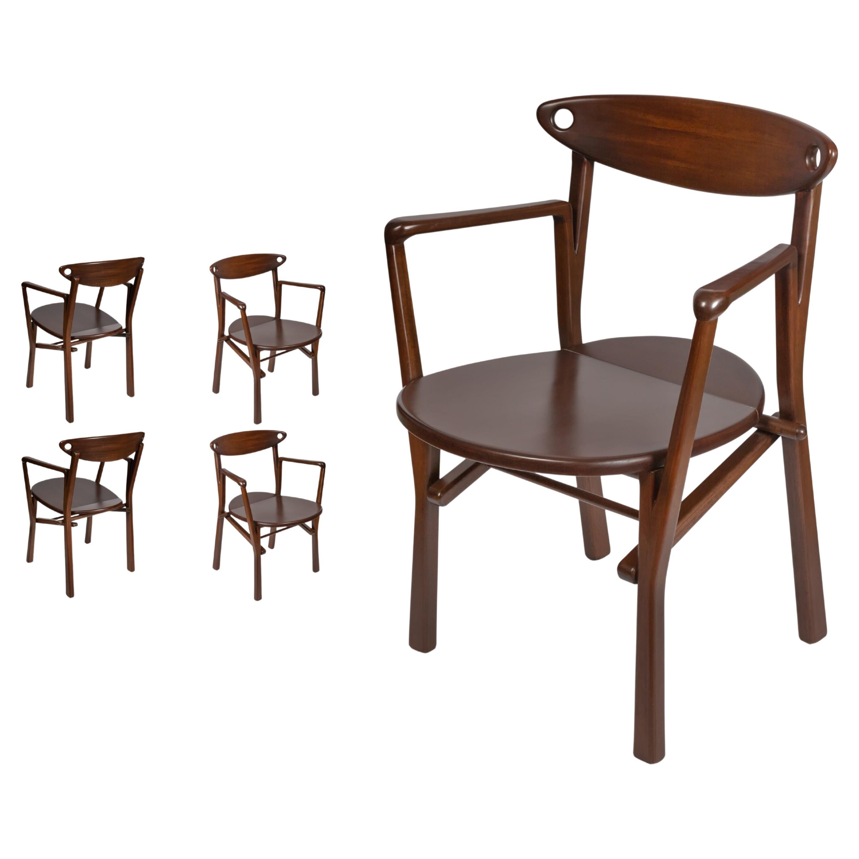 Organic Modern Set of 06 Dinner Chairs Laje in Dark Brown Finish Wood  For Sale