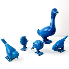 Set of 1 Duck and 4 Sparrows of Blue Ceramic Made and Signed by Georges Cassin