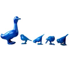 Set of 1 Duck and 4 Sparrows of Blue Ceramic Made and Signed by Georges Cassin