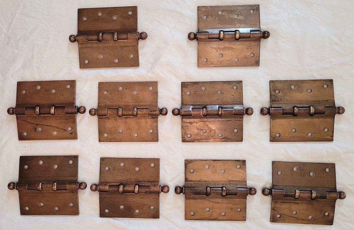 Set of 10 1920s McKinney Antique Brass Door Hinges For Sale 3