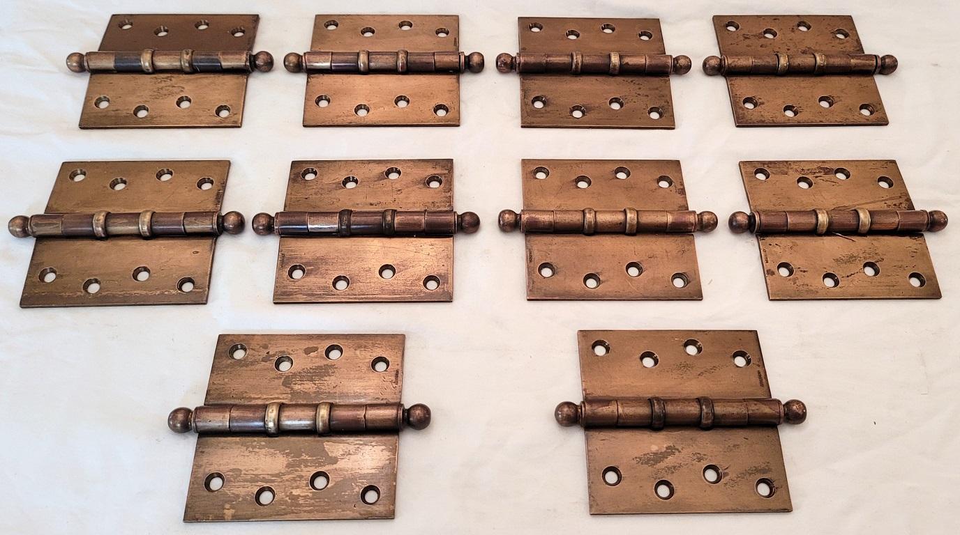 Forged Set of 10 1920s McKinney Antique Brass Door Hinges For Sale