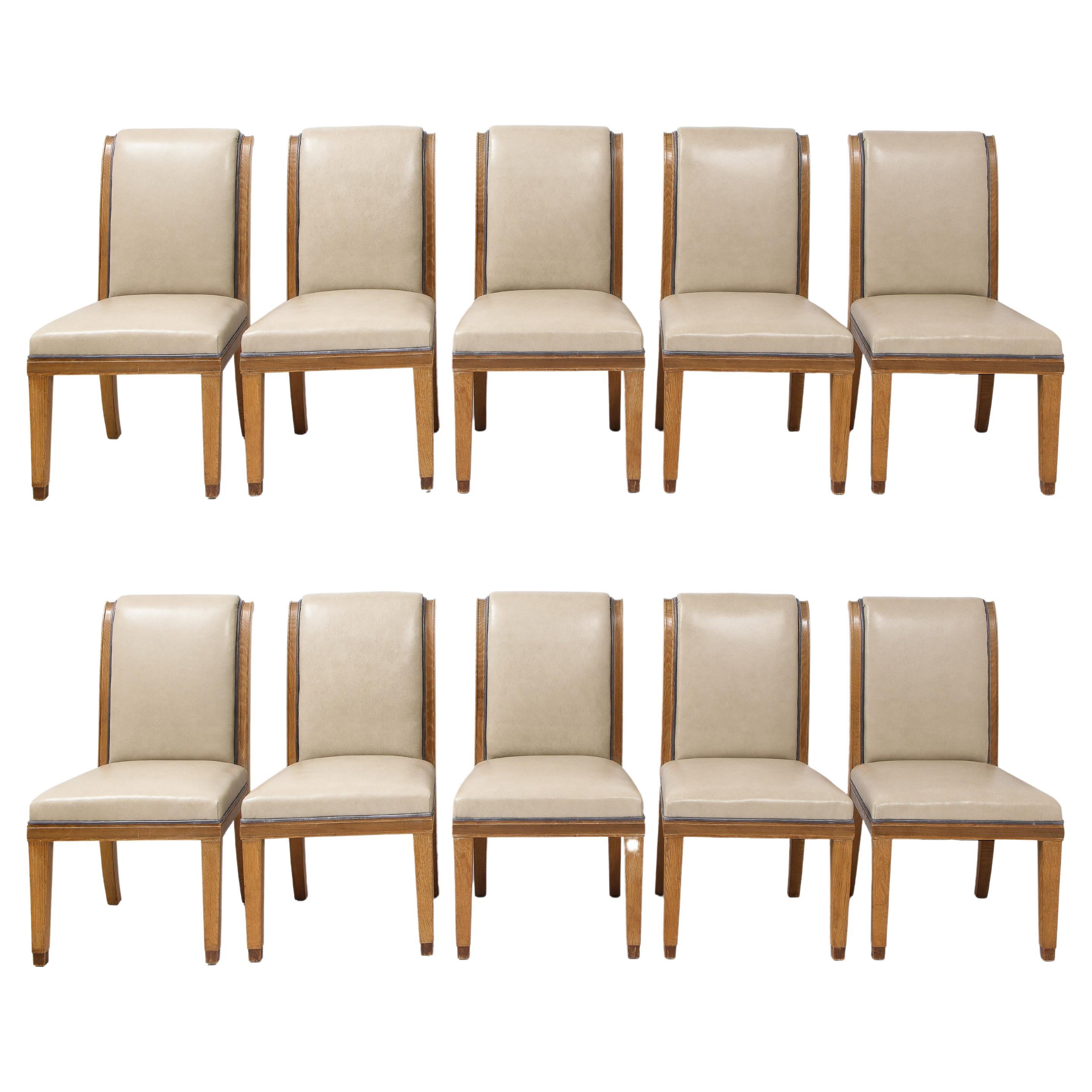 Set of 10 French Art Deco Style Custom Dining Chairs in Leather, Oak & Bronze For Sale