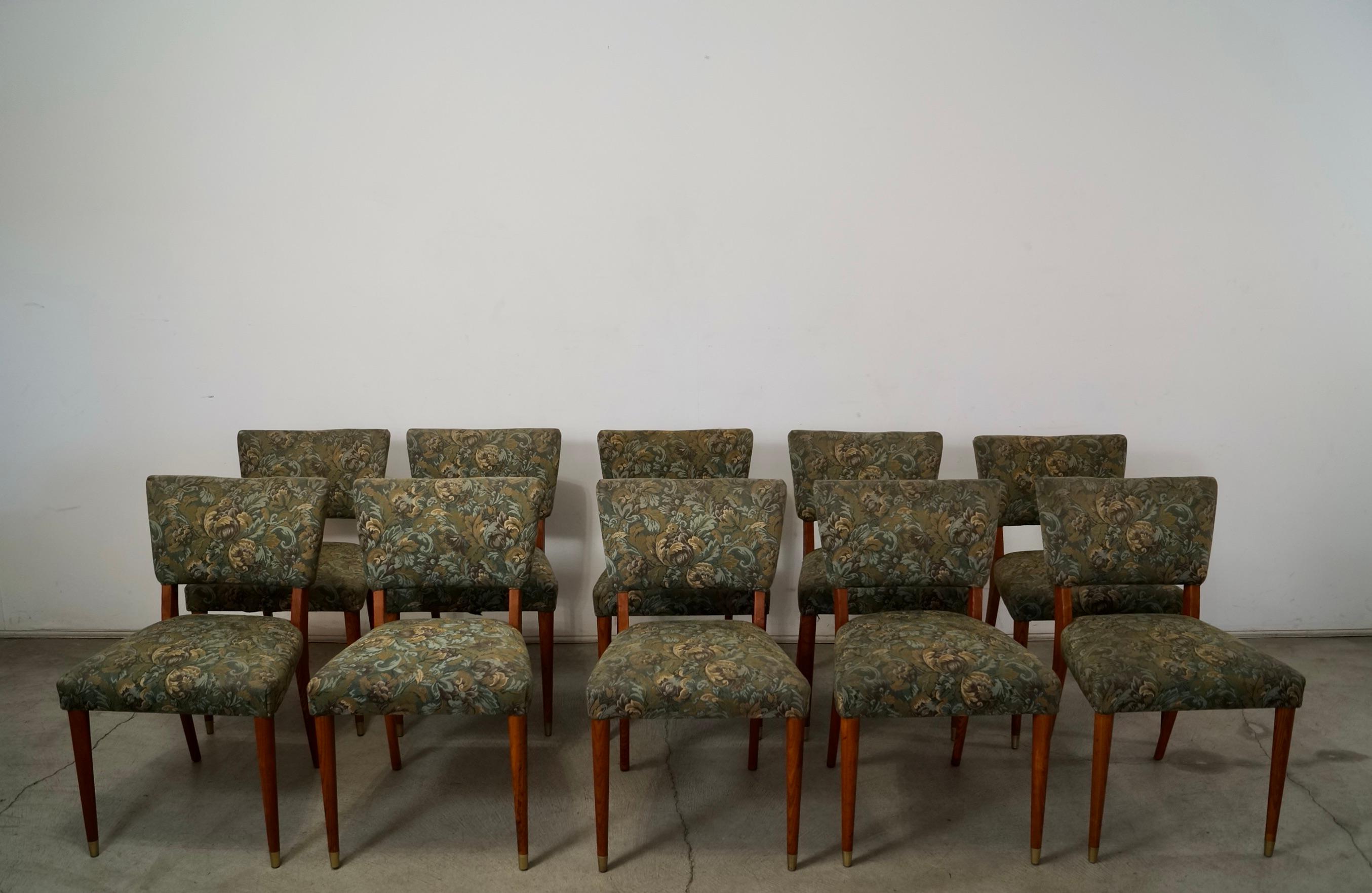 Vintage original Midcentury Modern dining chairs for sale. These are a set of 10. They are all structurally sound and solid, and very well made. They have a solid teak frame with solid brass caps on the front of the legs. They look to have been