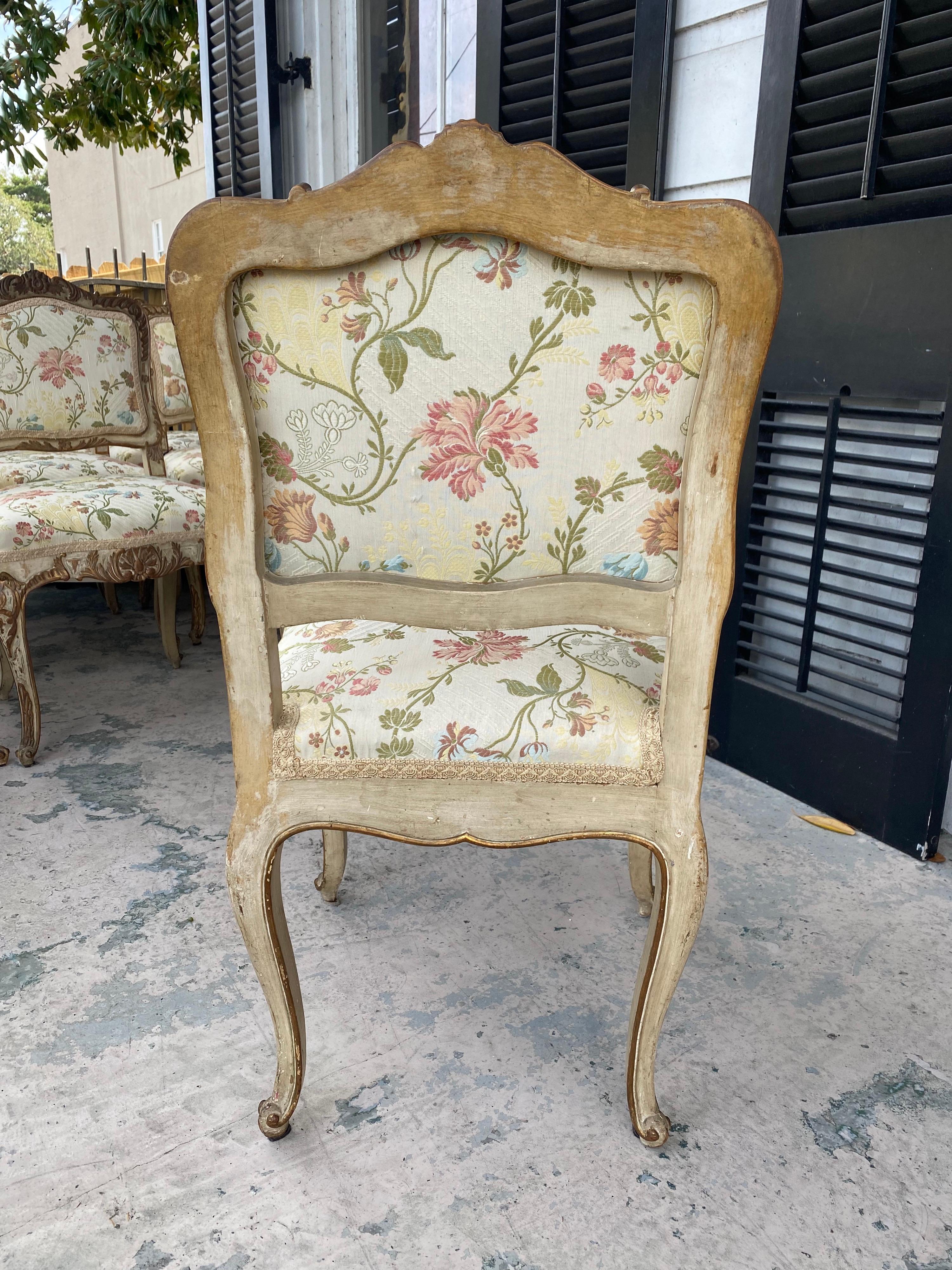 French Set of 10 19th C Regence Style Painted and Parcel Gilt Dining Chairs