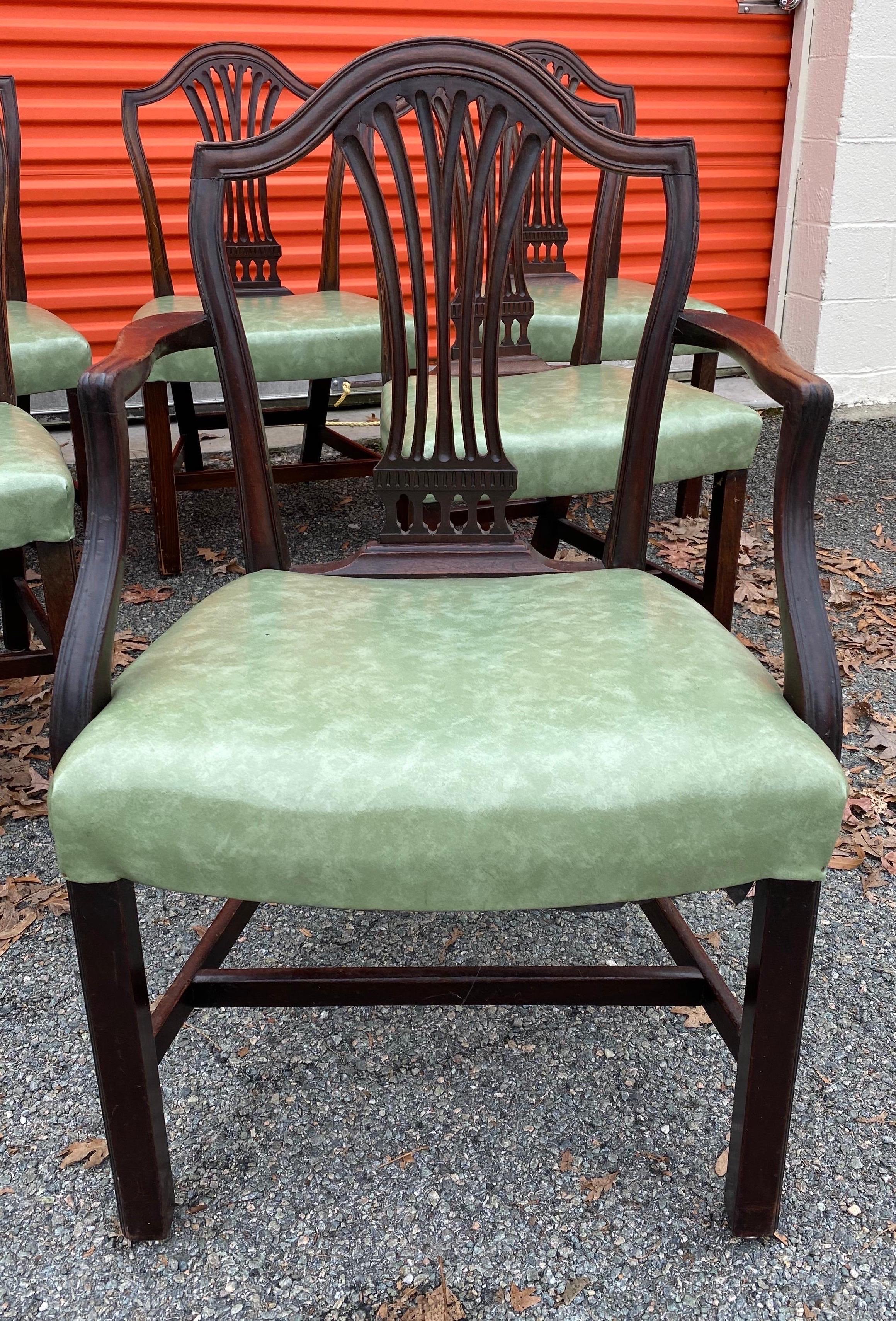 Set of 10 19th Century English Mahogany Dining Chairs with Light Green Seats In Good Condition For Sale In Charleston, SC