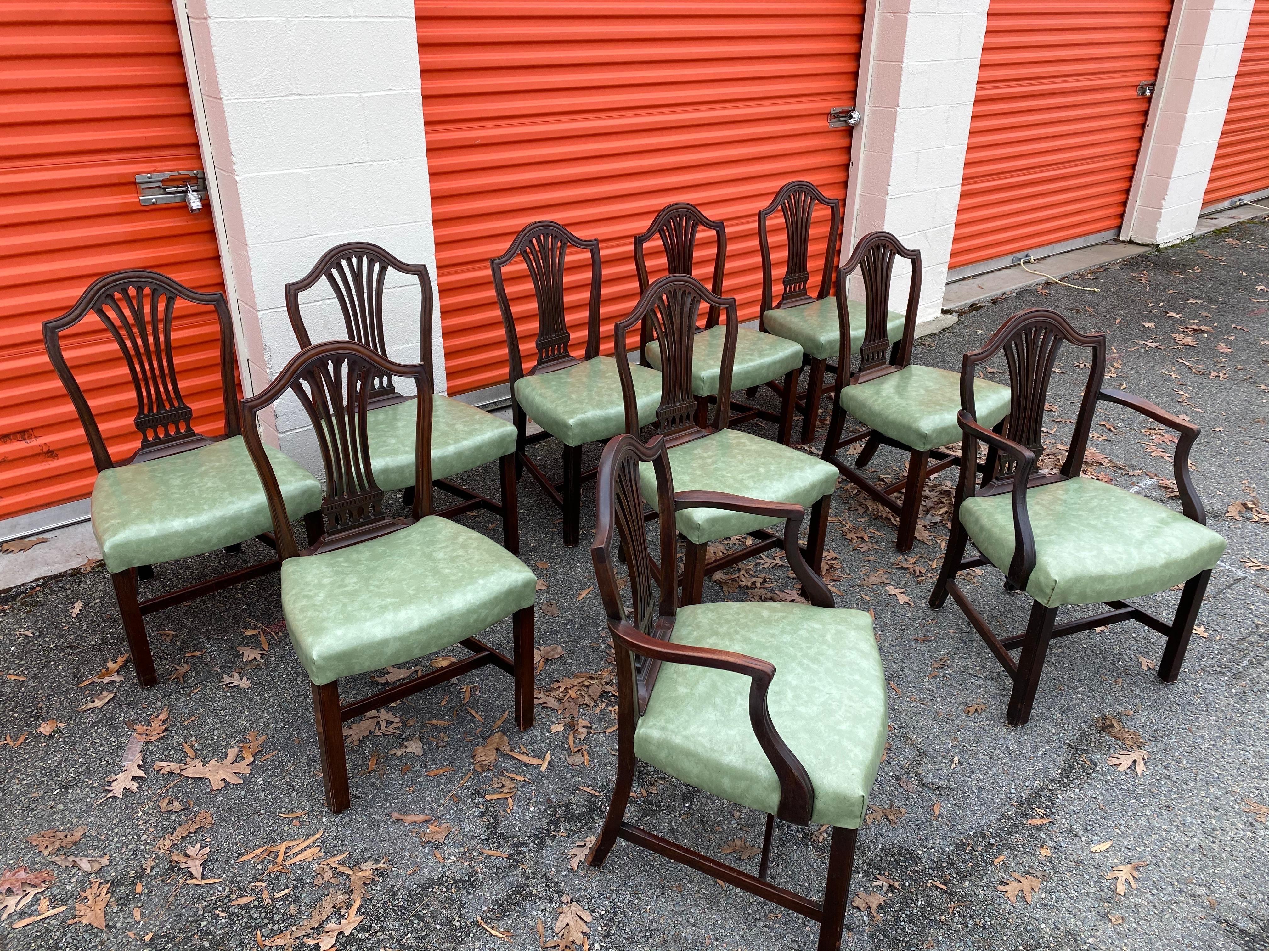 Set of 10 19th Century English Mahogany Dining Chairs with Light Green Seats For Sale 5