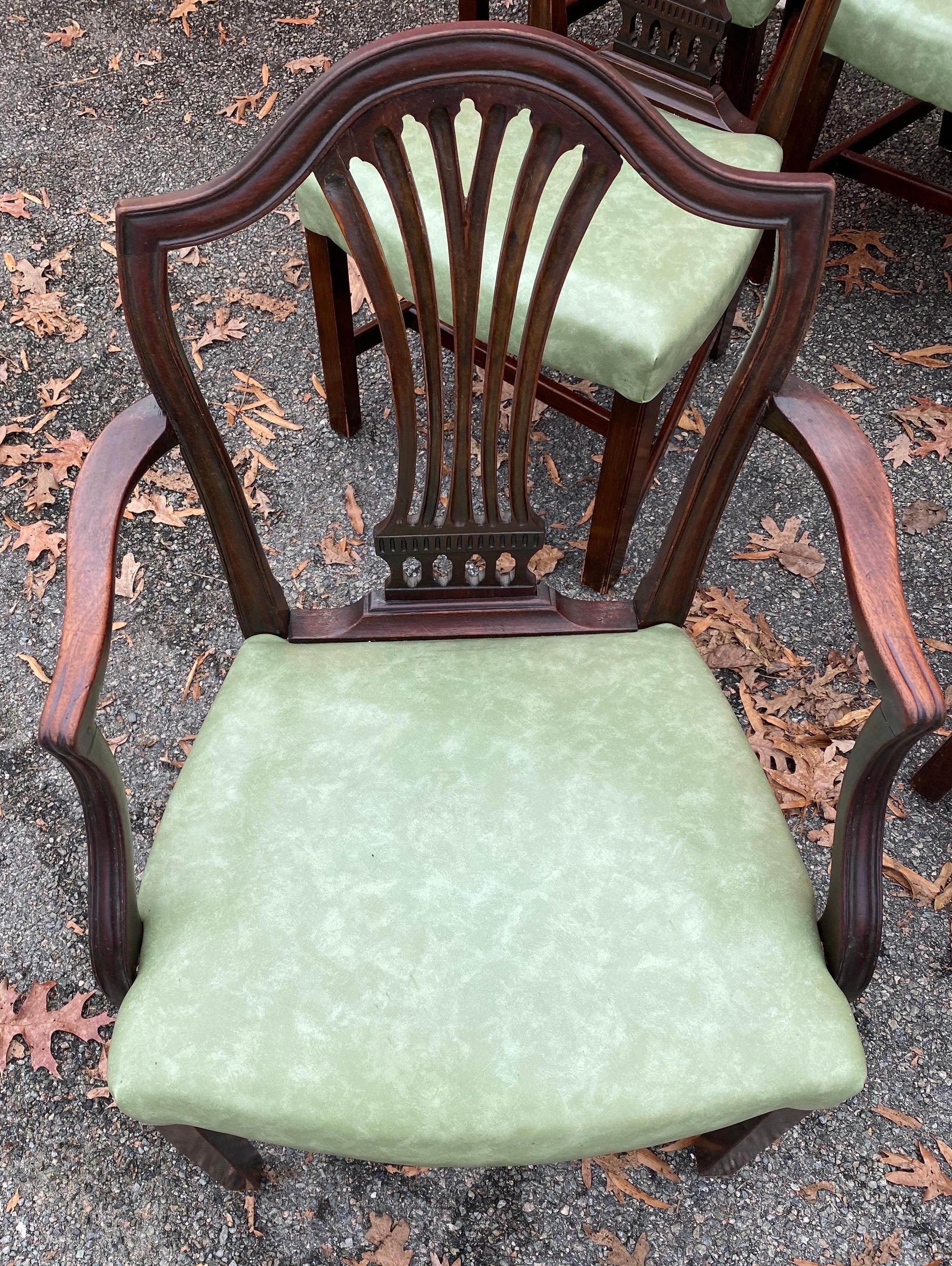 Set of 10 19th Century English Mahogany Dining Chairs with Light Green Seats For Sale 6