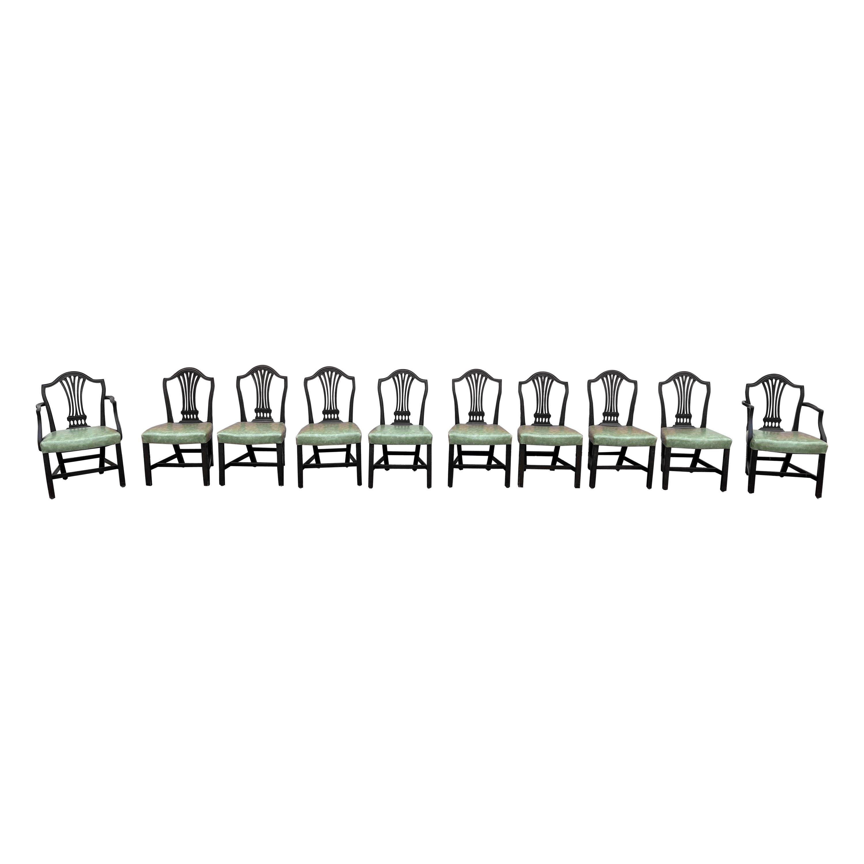 Set von 10 englischen Mahagoni-Esszimmerstühlen des 19. Jahrhunderts mit hellgrünen Sitzen