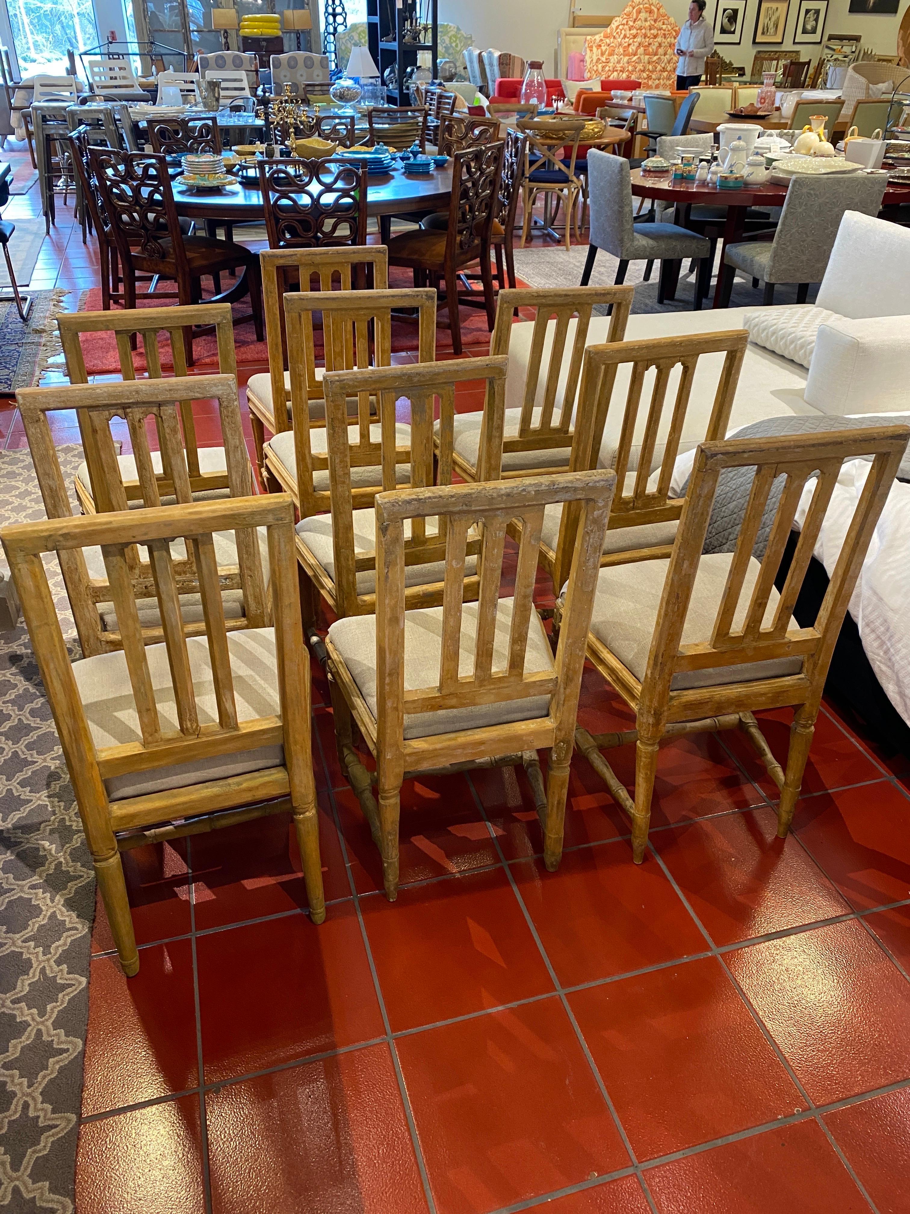 Set of 10 19th Century Gustavian Dining Chairs with Linen Cushions In Good Condition In Bridgehampton, NY