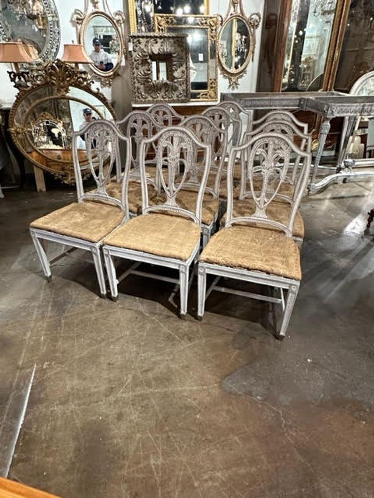 Lovely set of 10 late 19th century Swedish dining chairs. Great patina and nice carving as well. Ready to be re-upholstered. Fabulous and 10 of them!!