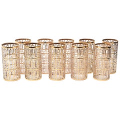 22 Carat Gold Overlay Shoji Screen Highball Glasses Barware Set of 10