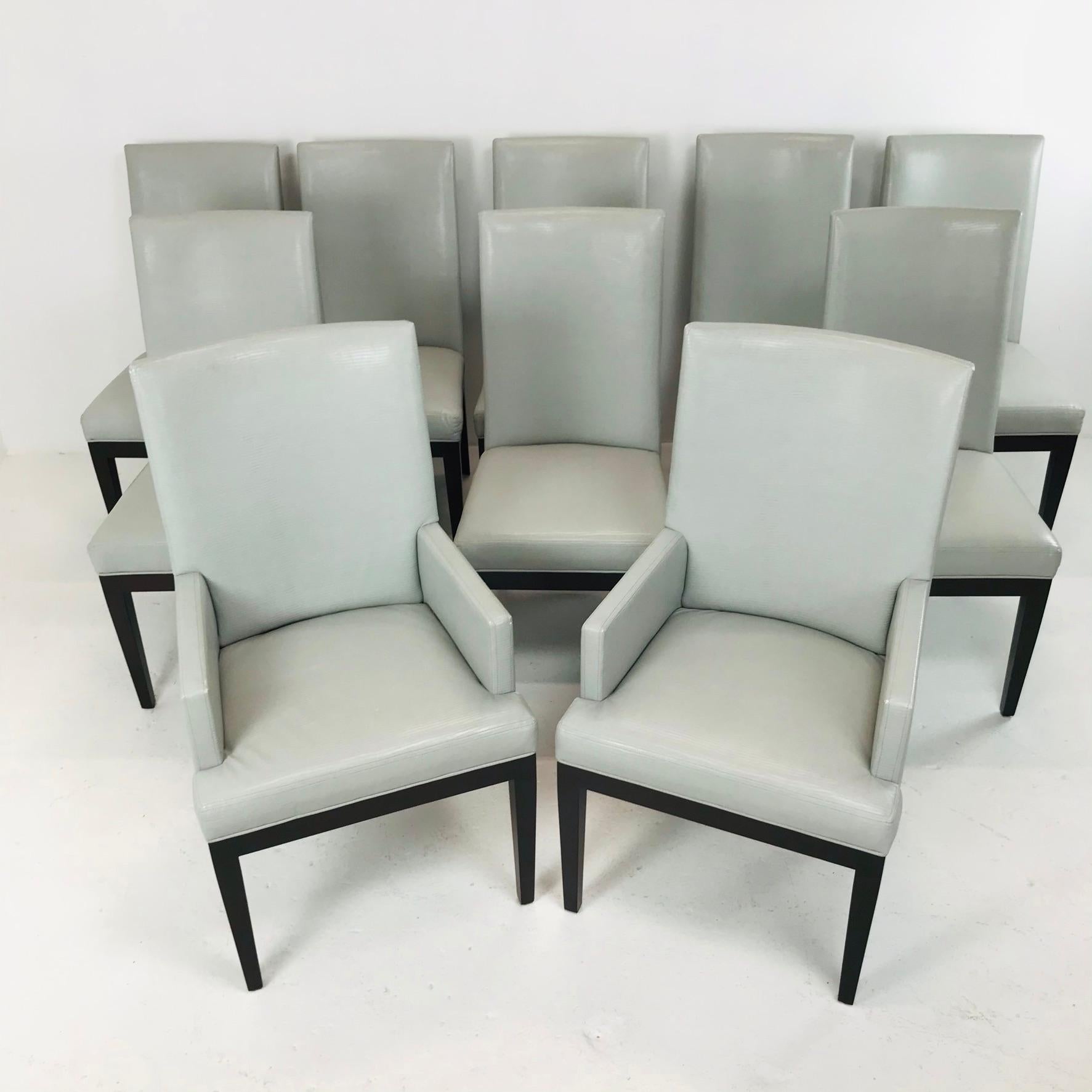 Fantastic set of 10 faux snakeskin #486 dining chairs by A. Rudin. 2 armchairs and 8 side chairs.
Armchairs measure: 23'' W x 26'' D x 41