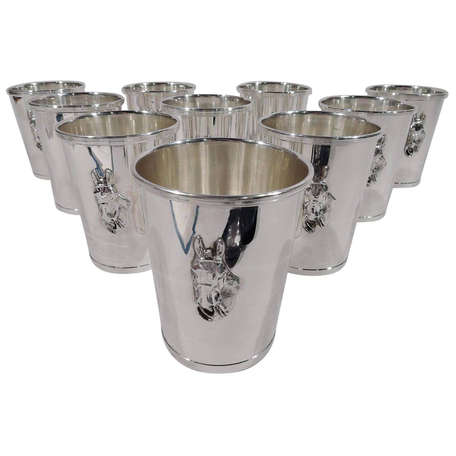 Set of 10 American Modern Sterling Silver Mint Juleps with Horse Head