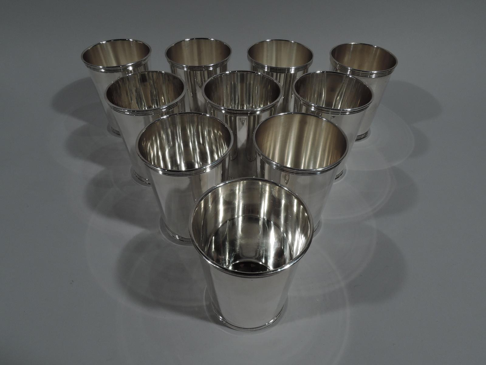 Set of 10 sterling silver mint julep cups. Made by Manchester Silver Co. in Providence. Each: Straight and tapering sides and reeded rim and foot. Fully marked including maker’s stamp. Eight numbered 3759 and 2 numbered 3759S. Total weight: 39.5