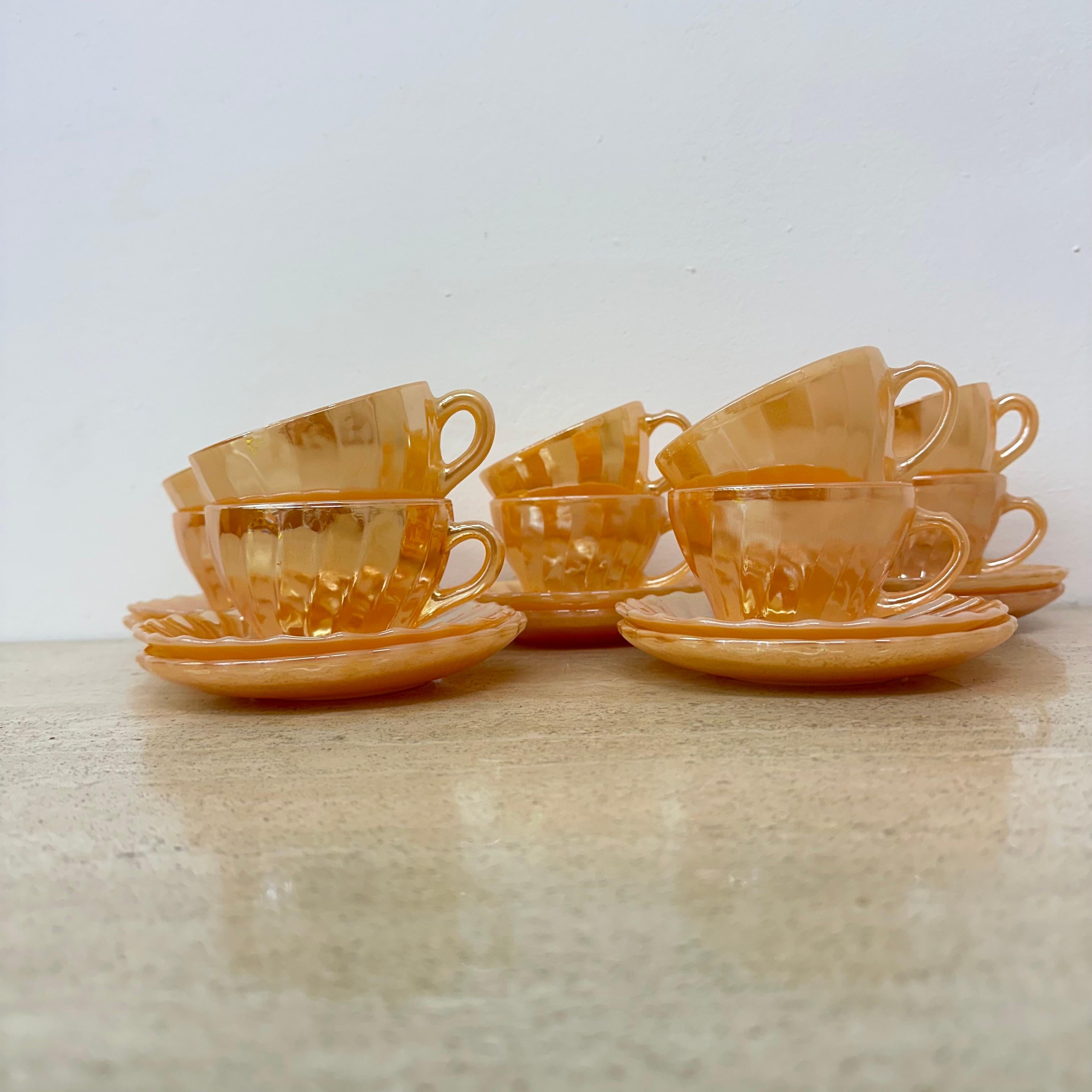 Mid-Century Modern Set of 10 Anchor and hocking fire king Peach Lustre Laurel cups plates cans pot For Sale