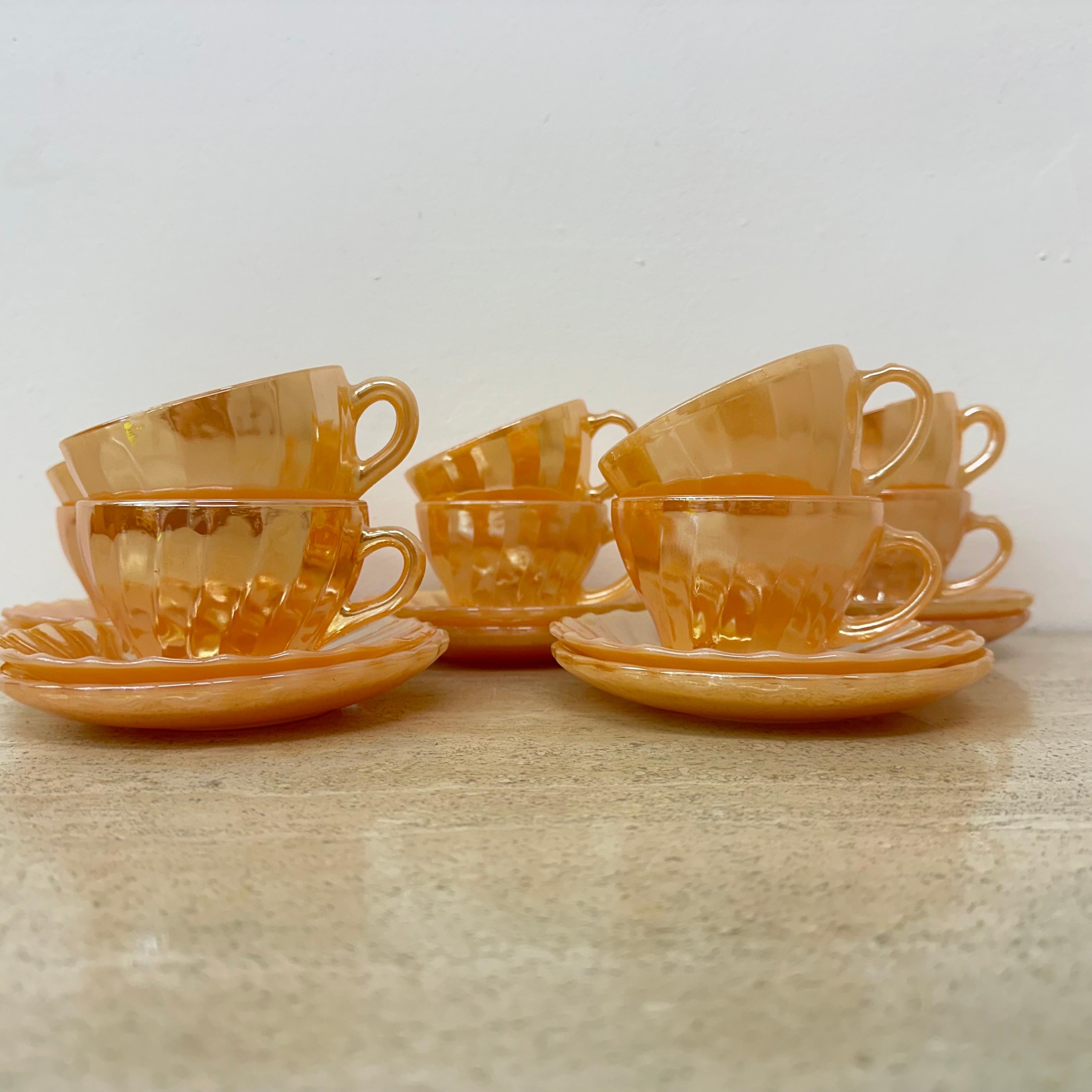 American Set of 10 Anchor and hocking fire king Peach Lustre Laurel cups plates cans pot For Sale