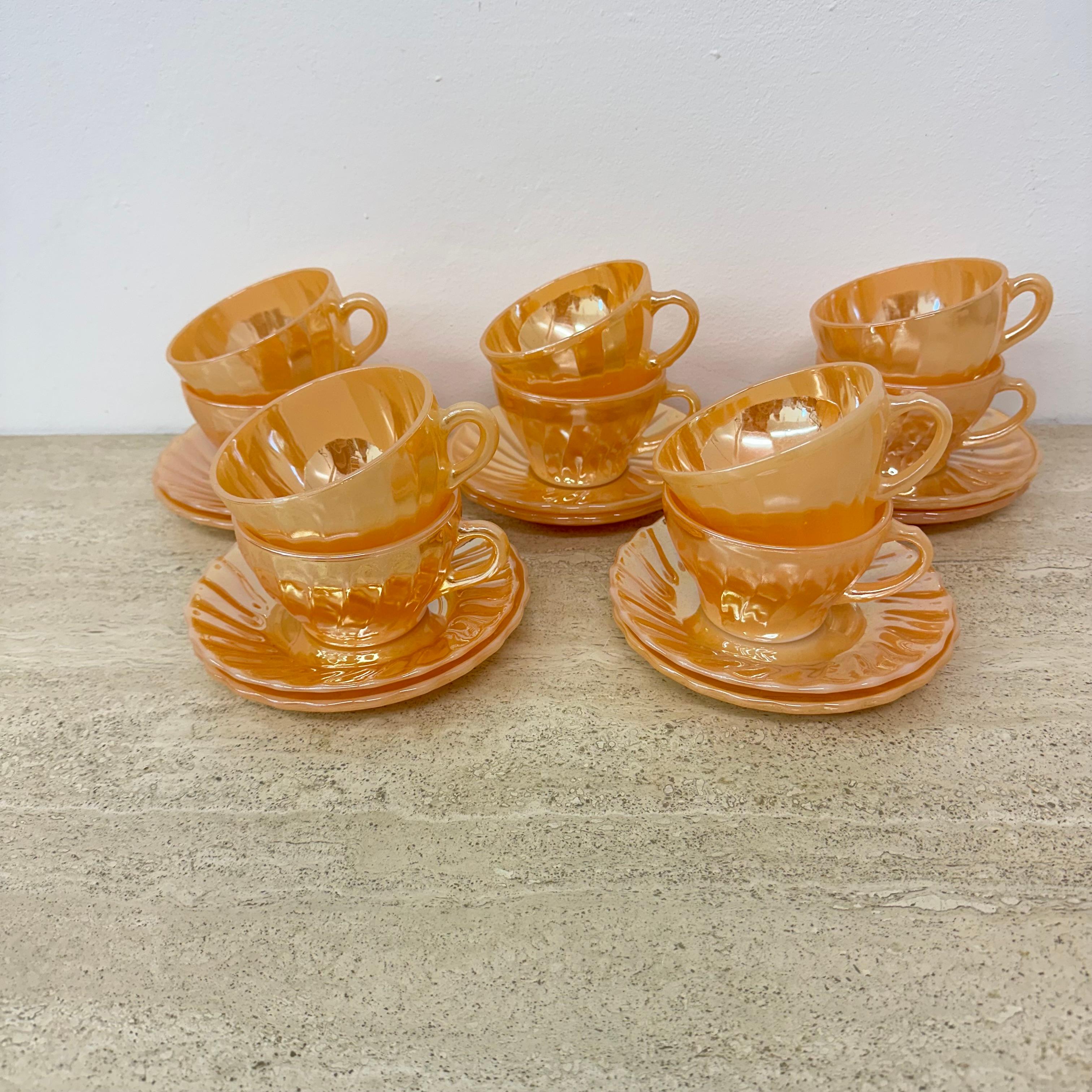 Late 20th Century Set of 10 Anchor and hocking fire king Peach Lustre Laurel cups plates cans pot For Sale