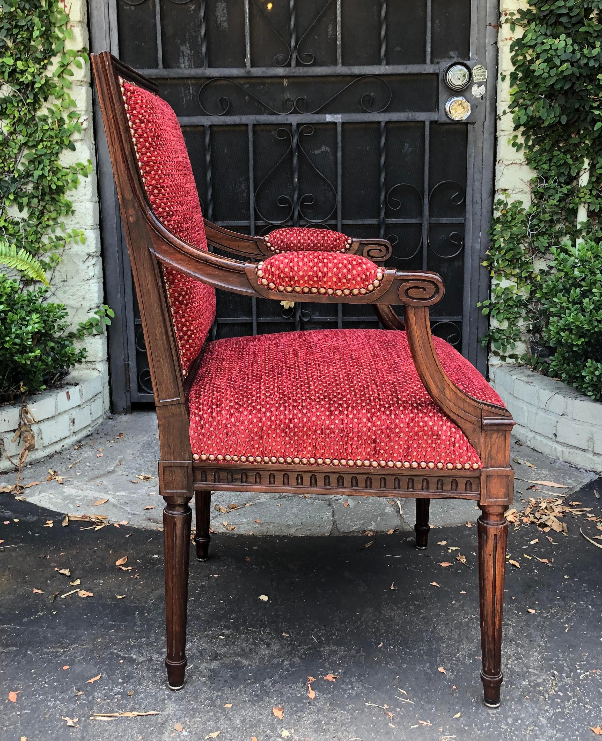 Set of 12 - Antique 18th century Directoire style rosewood dining chairs. Reconstructed seats and new chenille upholstery on old solid period frames.