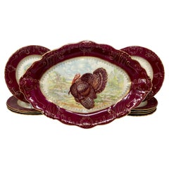 Set of 10 Antique American "W.P." Porcelain 'Turkey' Plates w/ Platter, Ca. 1890