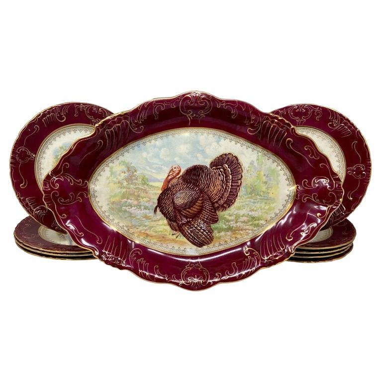 Set of 10 Antique American "W.P." Red & Gold Porcelain Turkey Plates & Platter For Sale