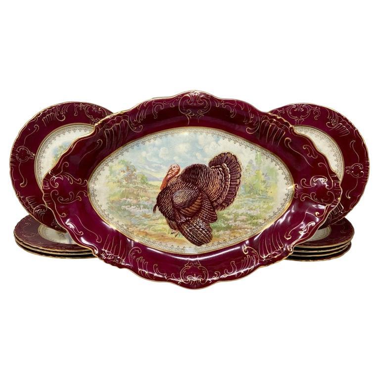 Juego de 10 "W.P." americanos antiguos Platos y fuente de porcelana roja y dorada para pavos
