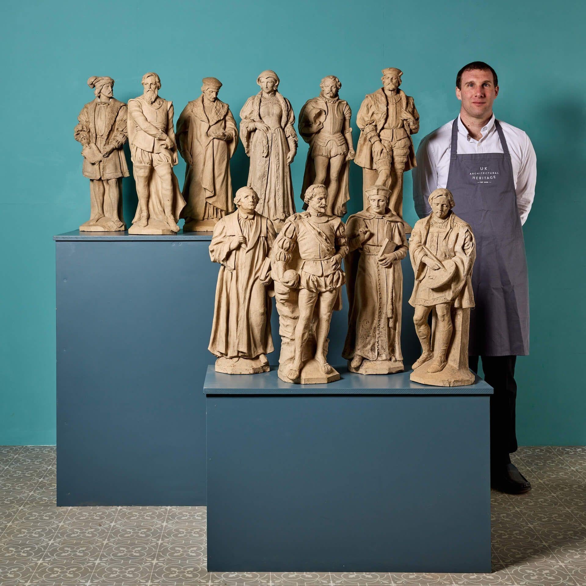 A superb collection of 10 antique buff terracotta English statues depicting notable historical figures possibly by Blanchard. Included in the collection is Dante, 14th century Italian poet; Francis Drake, 16th century explorer; John Wesley, founder