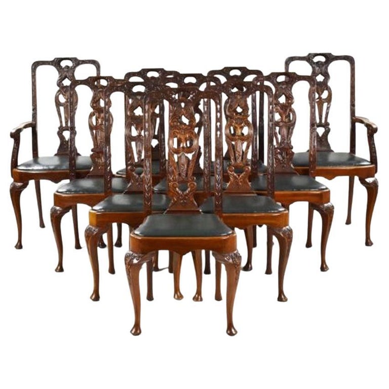 Set of 10 Antique Carved Mahogany Dining Chairs For Sale at 1stDibs
