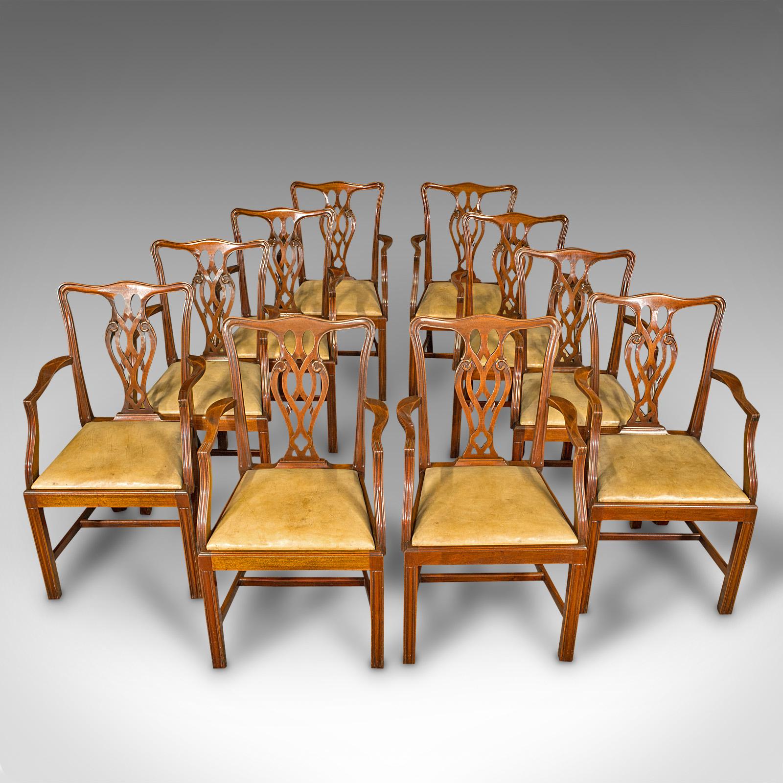 19th Century Set of 10 Antique Carver Dining Chairs, English, Chippendale Revival, Victorian