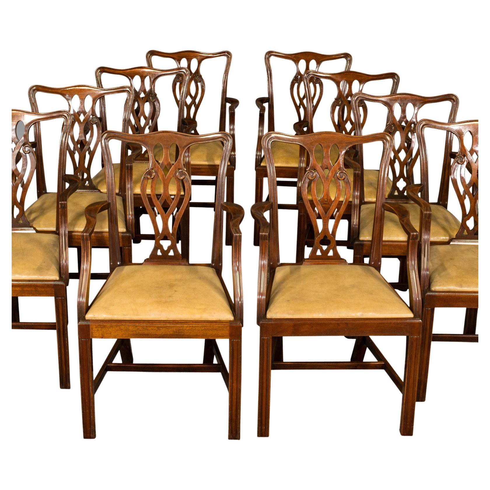 Set of 10 Antique Carver Dining Chairs, English, Chippendale Revival, Victorian