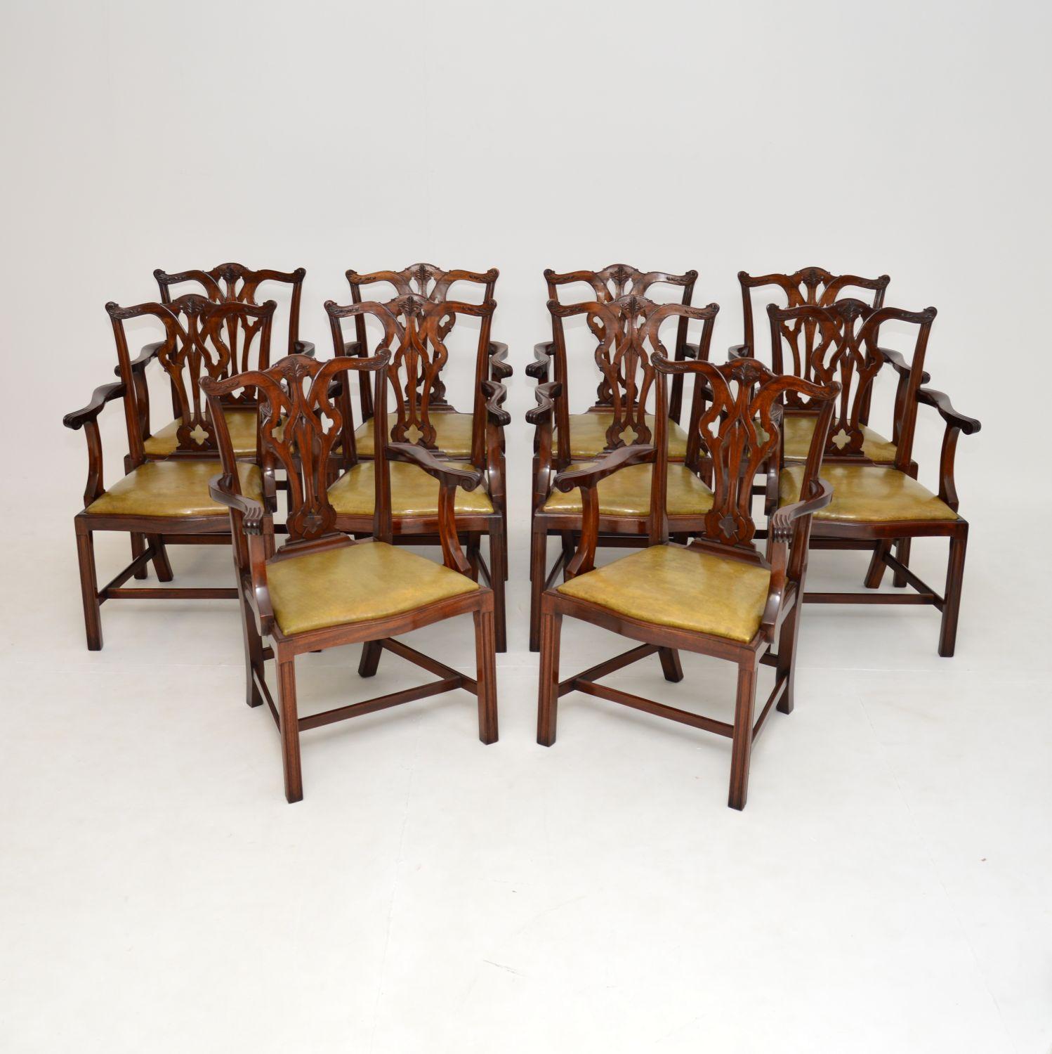 A magnificent set of 10 antique Chippendale style carver dining chairs. They were made in England, and date from around the 1900-1920’s period.

The quality is outstanding and it is very rare to find a set of ten like this, especially all with arms.