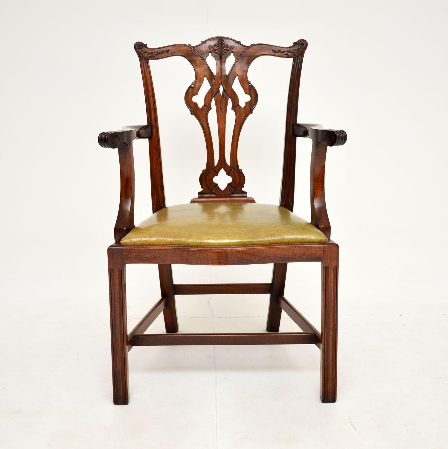 Leather Set of 10 Antique Chippendale Carver Dining Chairs For Sale