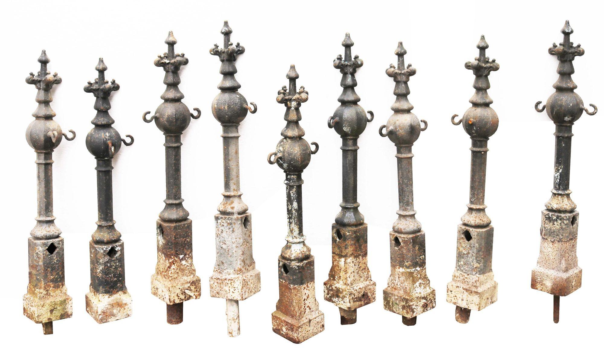 Set of 10 Antique Driveway bollards. Wonderfully weathered set of ten bollards. The bollards are robust in design and integrity. They are designed for up to 93 cm above ground. They are intended to have chain hung between them.
