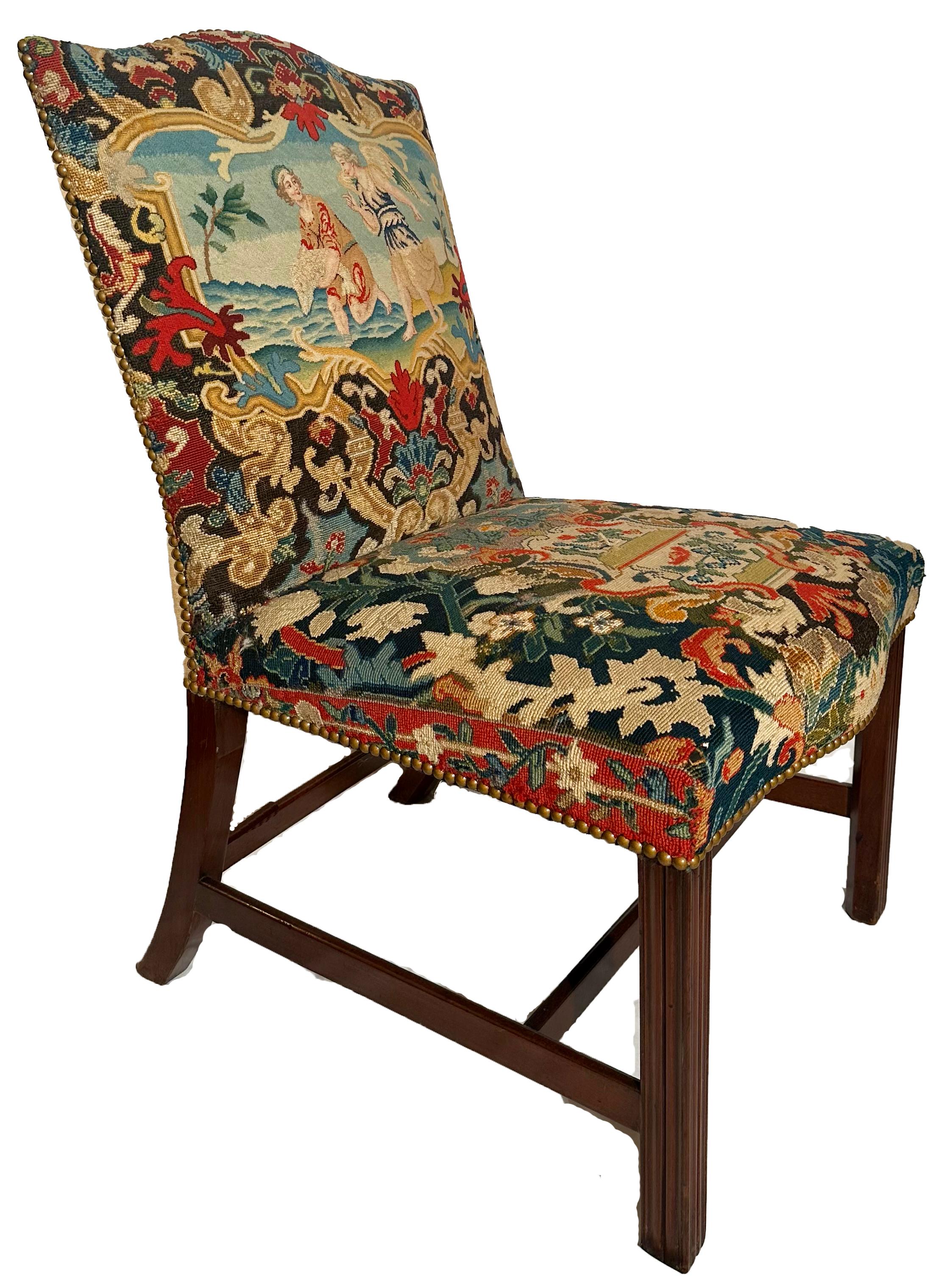 Set of 10 Antique English Georgian Mahogany & Needlepoint Chairs, Circa 1820-1830.
All chairs have original needle point and petit point scenes of Biblical subjects.  