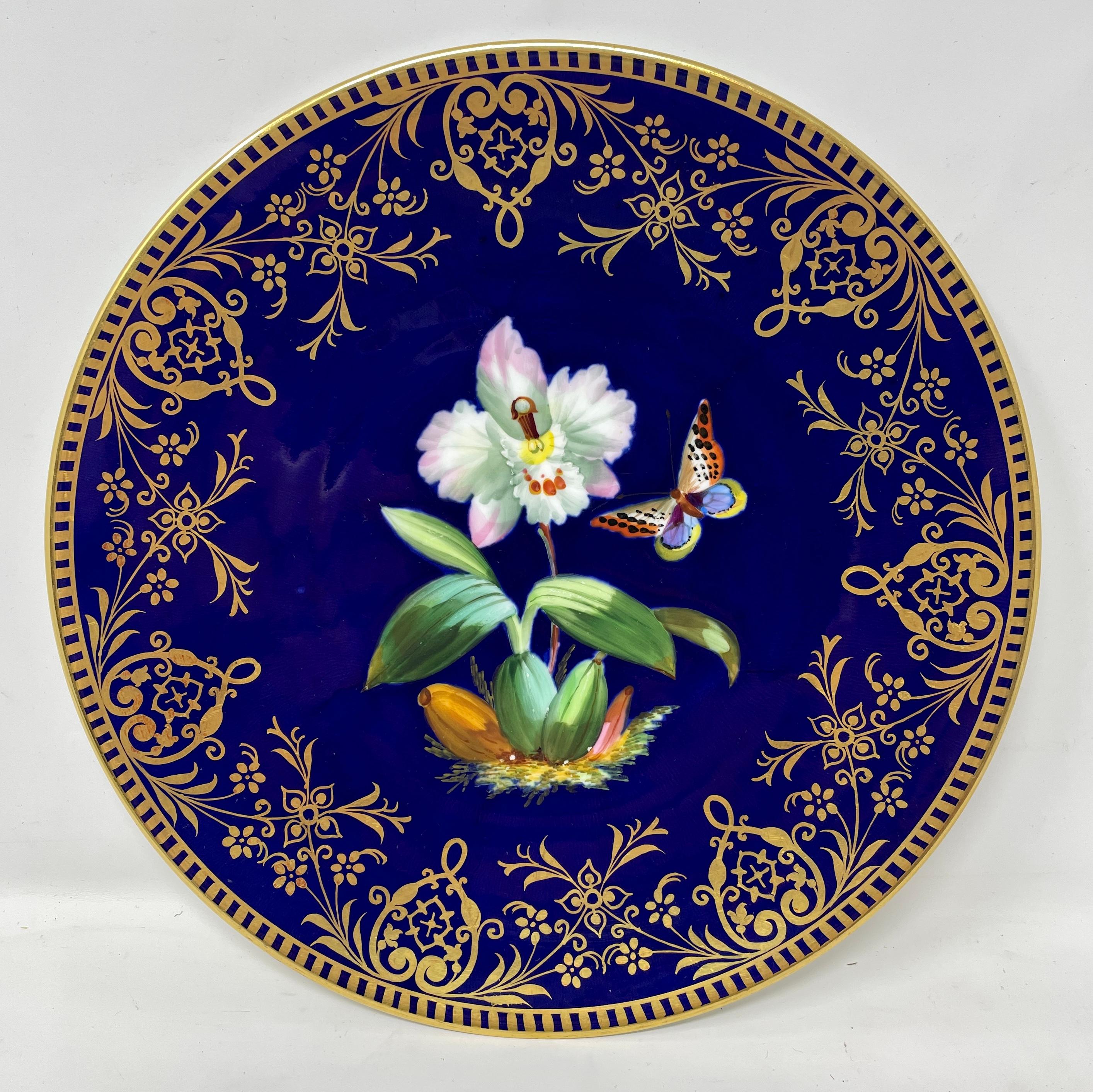 Set of 10 Antique English Hand-Painted Cobalt & Floral Dessert Plates, circa 1870 For Sale 5