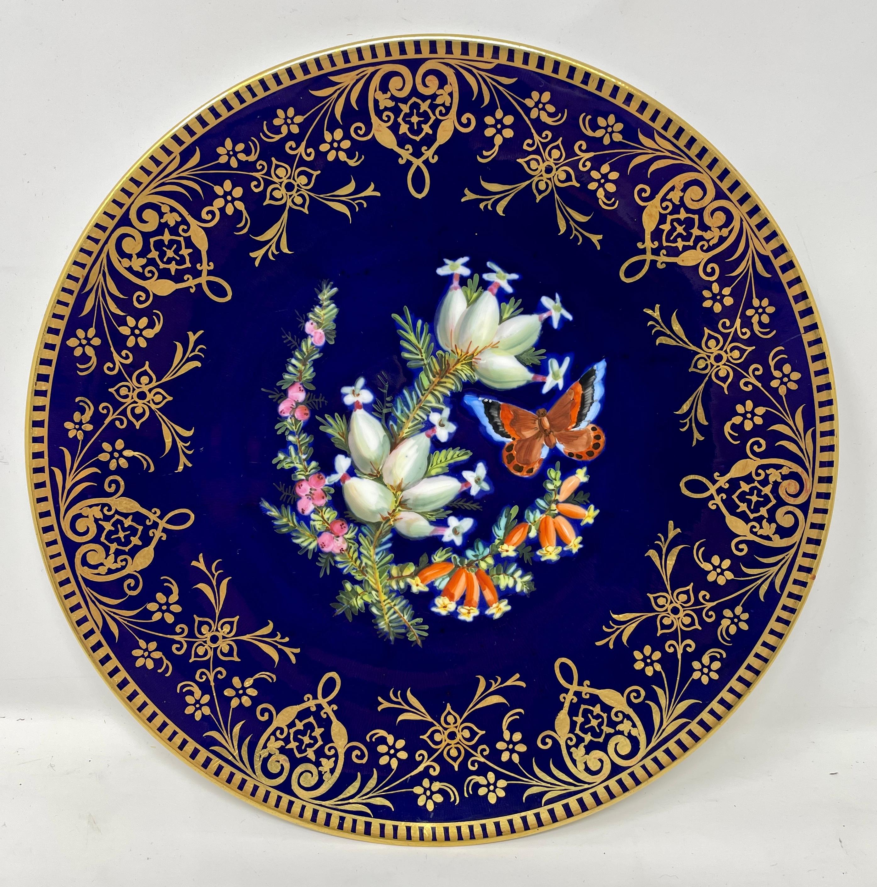 Set of 10 antique English hand-painted cobalt and gold floral dessert plates, circa 1870-1880.