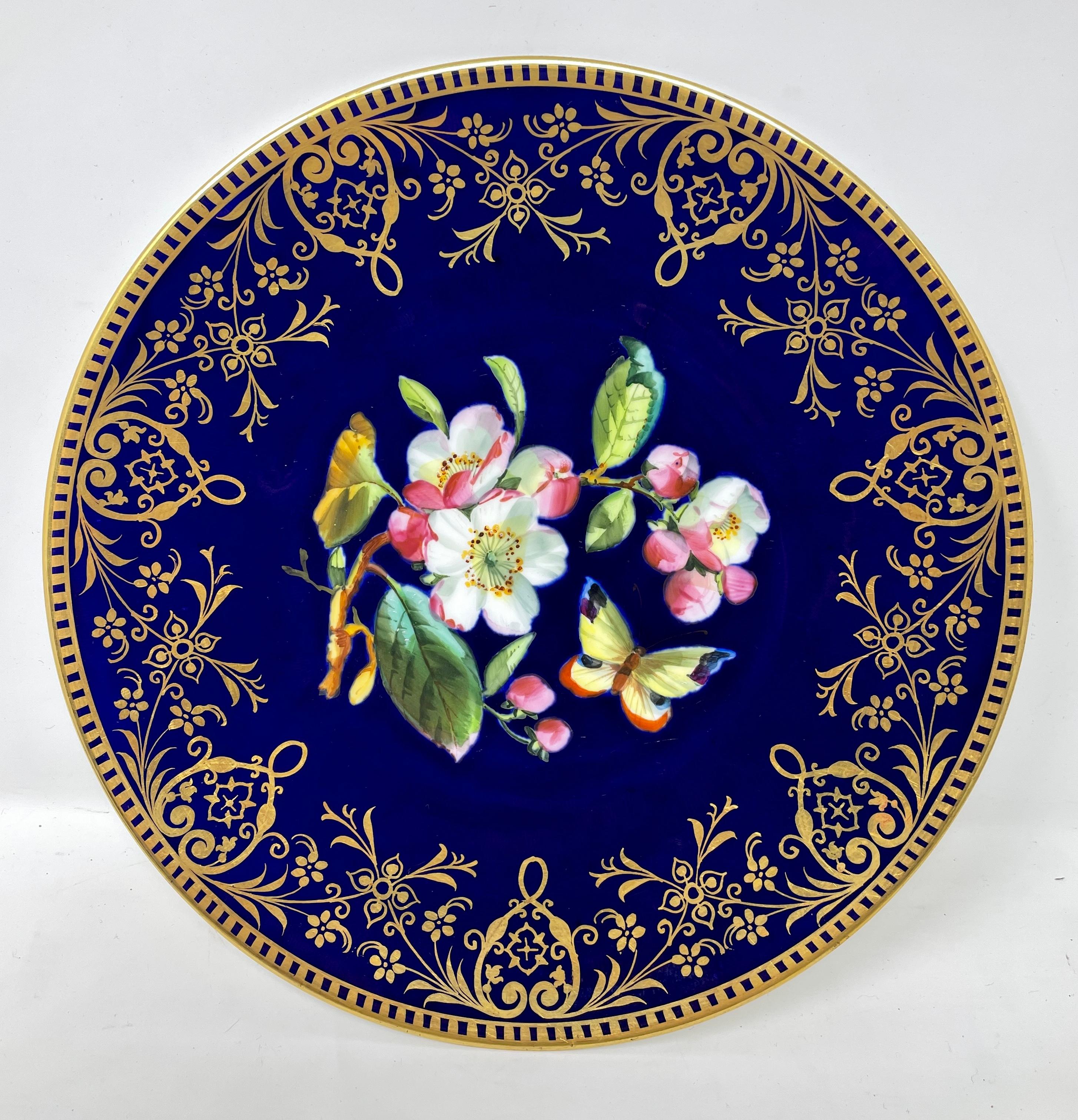 19th Century Set of 10 Antique English Hand-Painted Cobalt & Floral Dessert Plates, circa 1870 For Sale