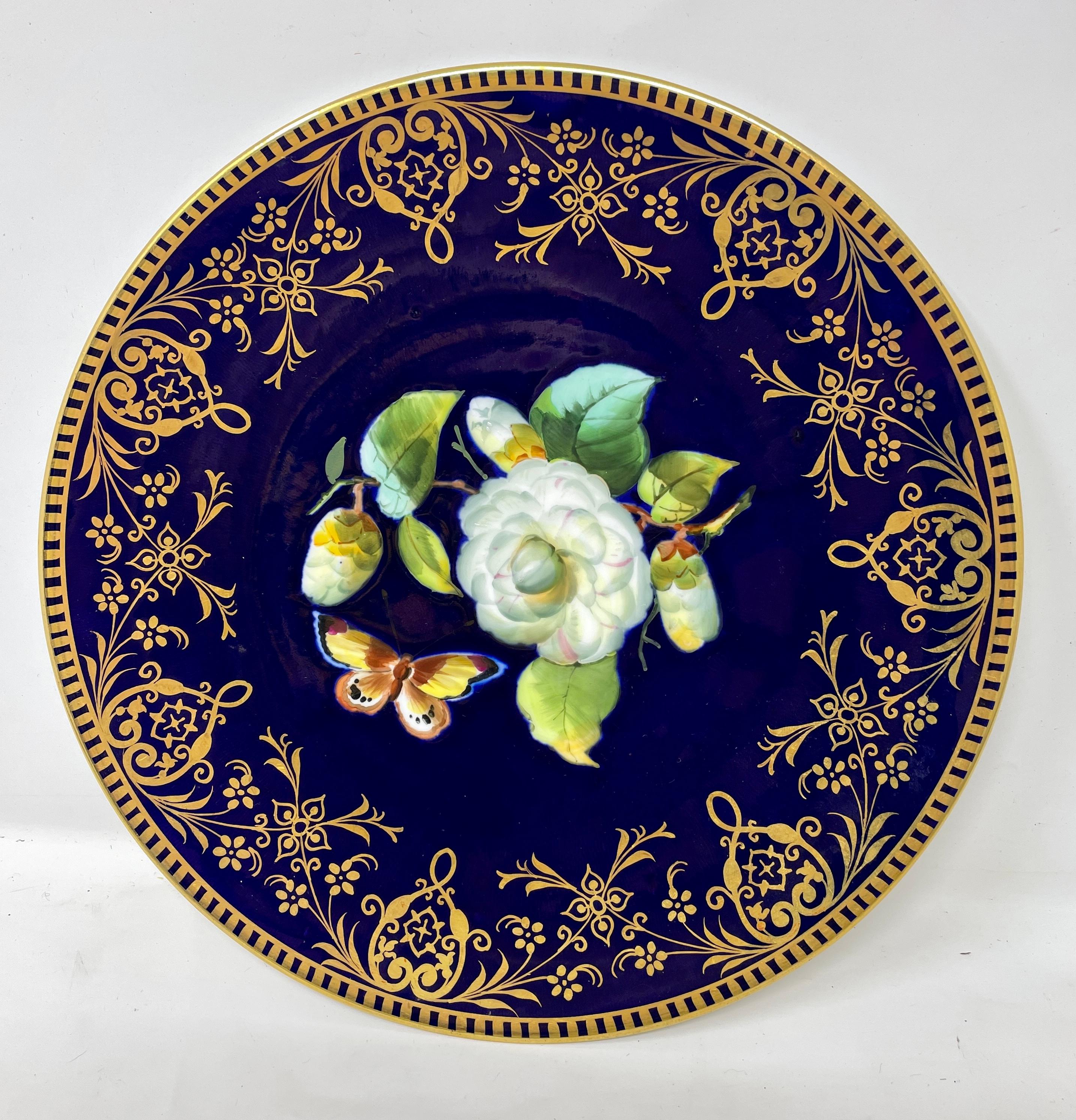Porcelain Set of 10 Antique English Hand-Painted Cobalt & Floral Dessert Plates, circa 1870 For Sale