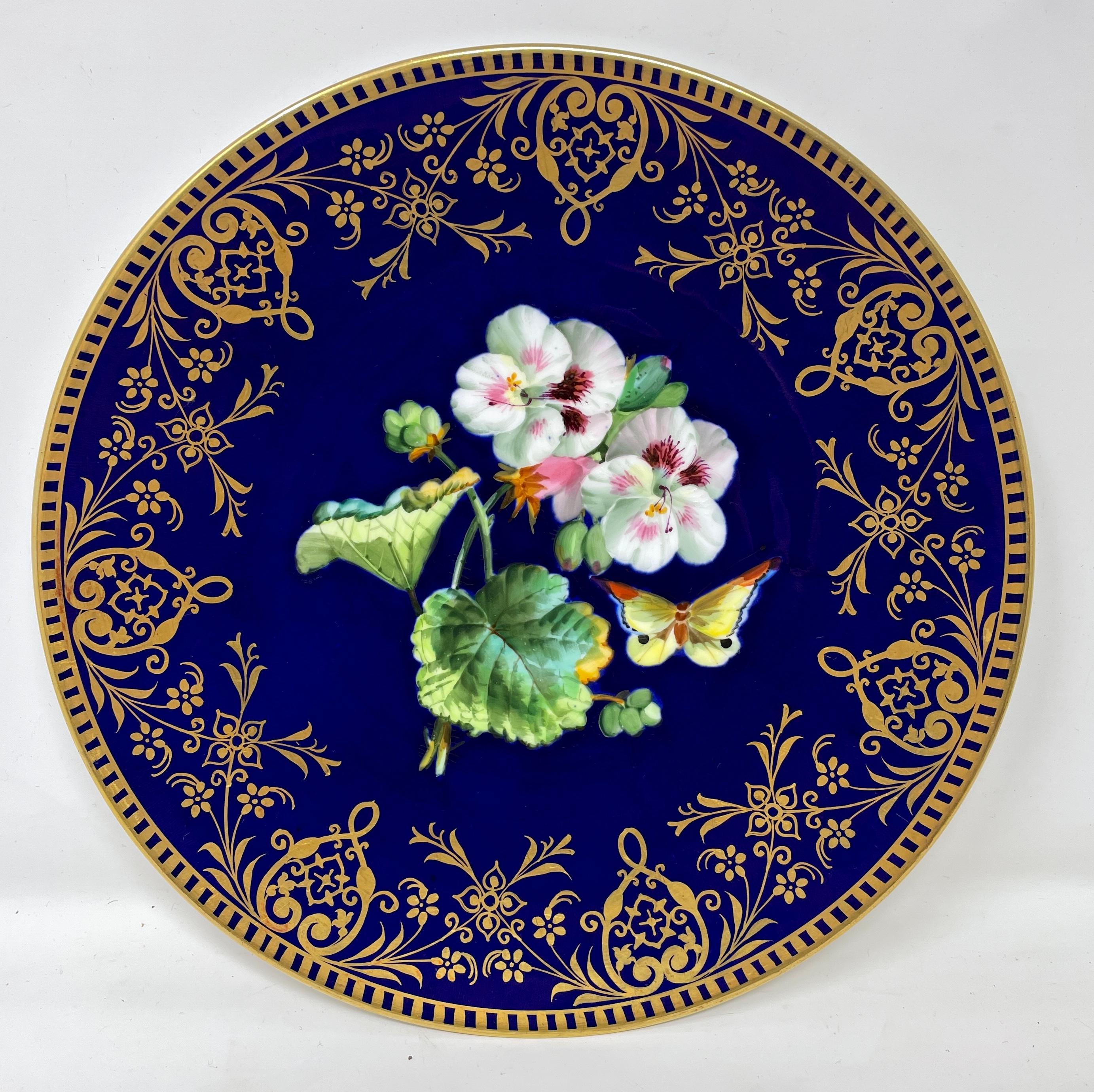 Set of 10 Antique English Hand-Painted Cobalt & Floral Dessert Plates, circa 1870 For Sale 1