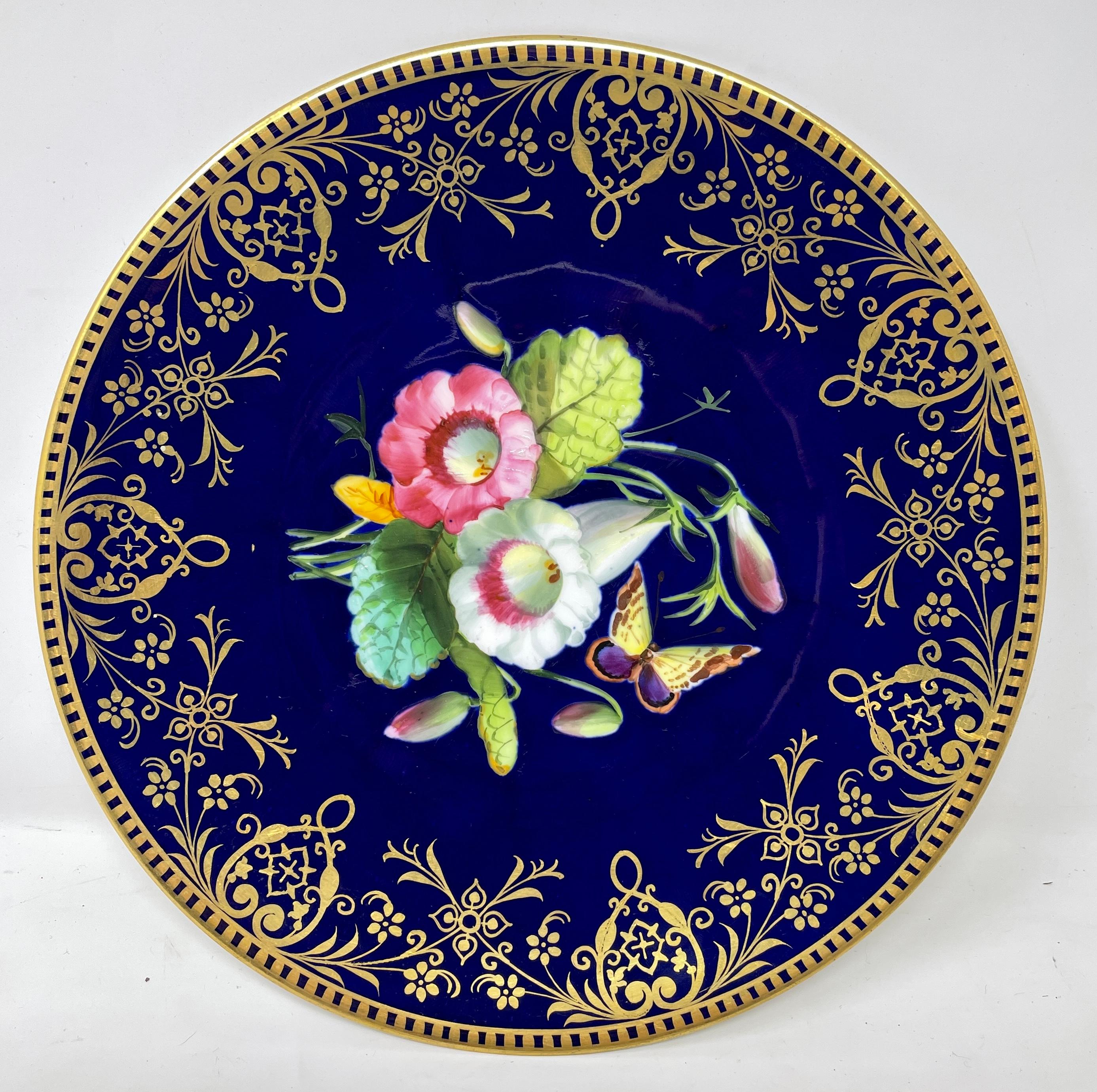 Set of 10 Antique English Hand-Painted Cobalt & Floral Dessert Plates, circa 1870 For Sale 2