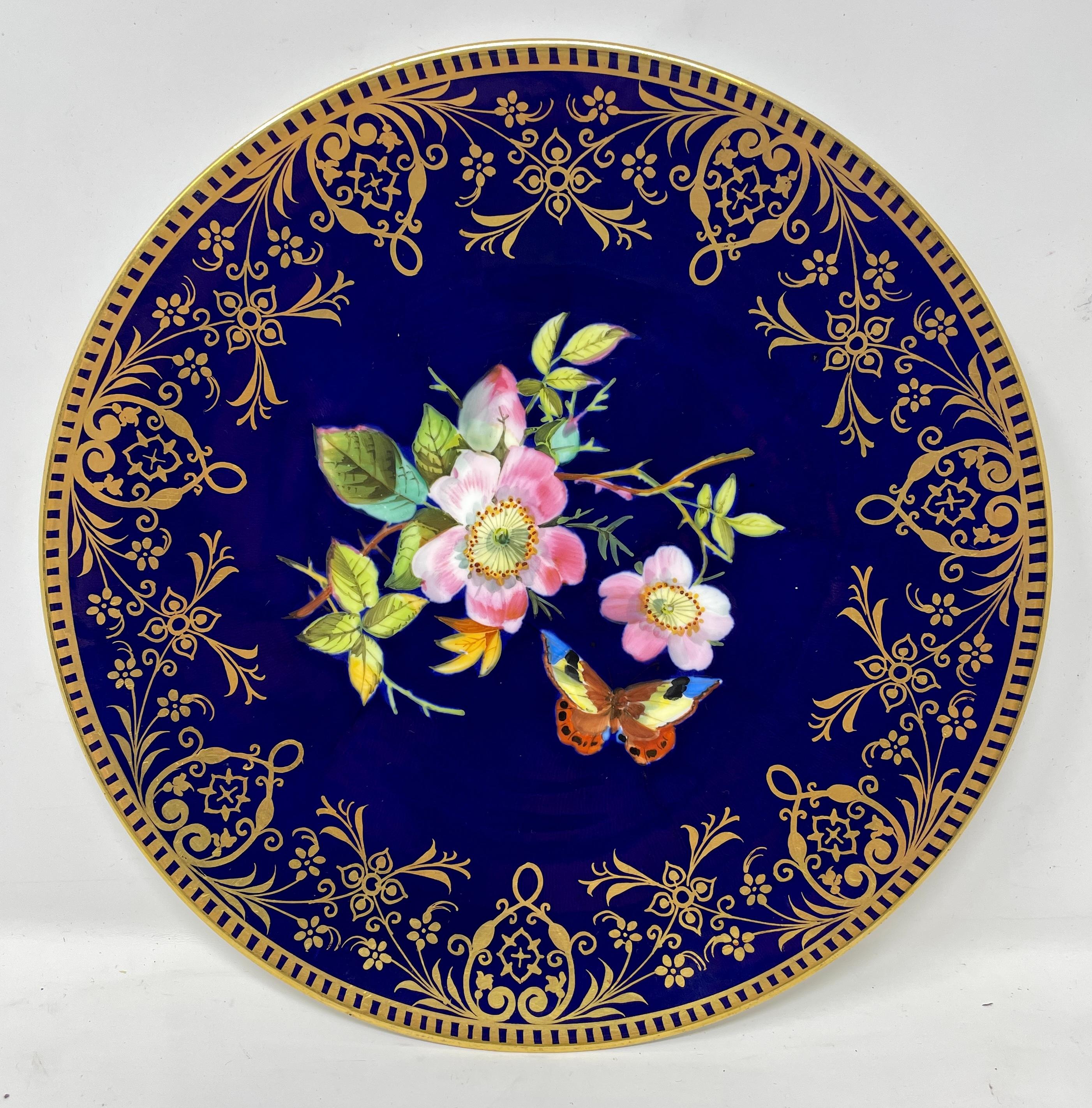 Set of 10 Antique English Hand-Painted Cobalt & Floral Dessert Plates, circa 1870 For Sale 4