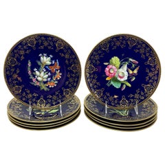 Set di 10 antichi piatti da dessert inglesi dipinti a mano in stile cobalto e floreale