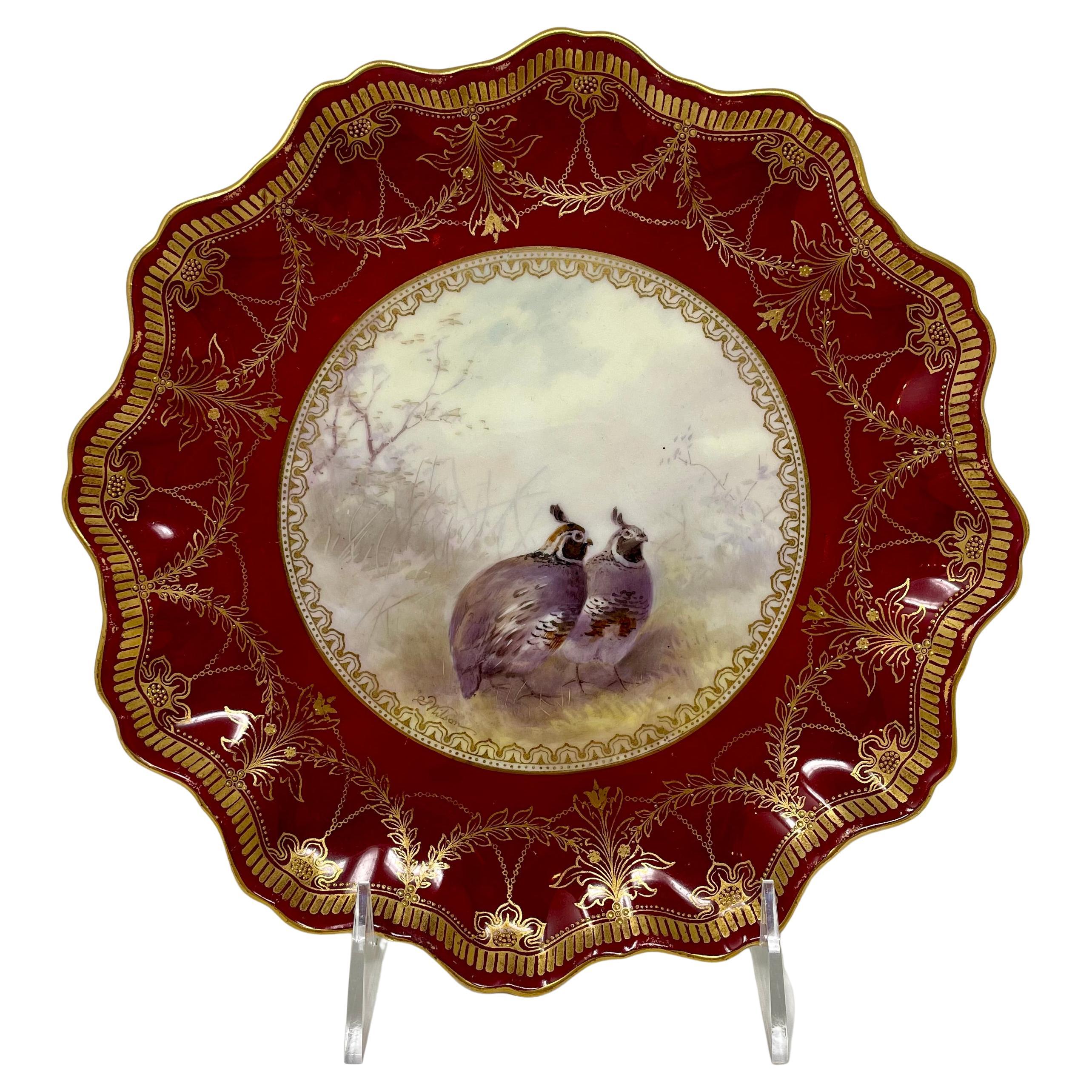 Set of 10 Antique English Royal Doulton Red and Gold Porcelain Game Birds Plates In Good Condition For Sale In New Orleans, LA