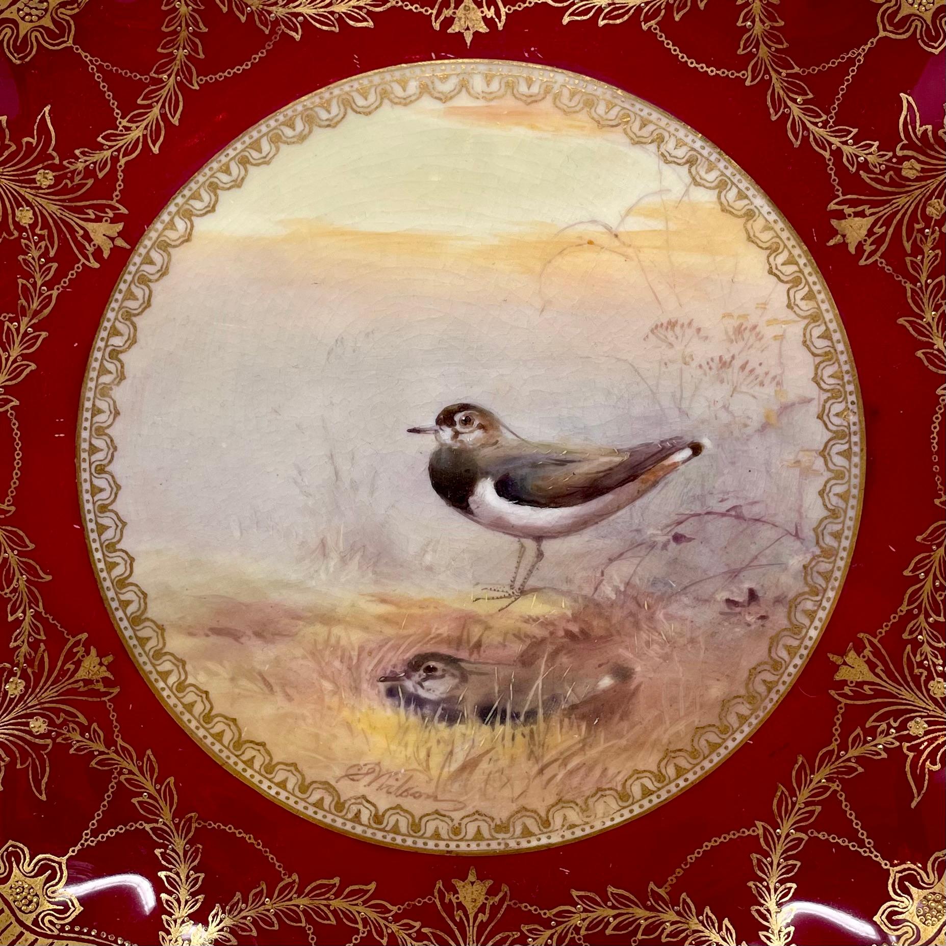 Set of 10 Antique English Royal Doulton Red and Gold Porcelain Game Birds Plates For Sale 1