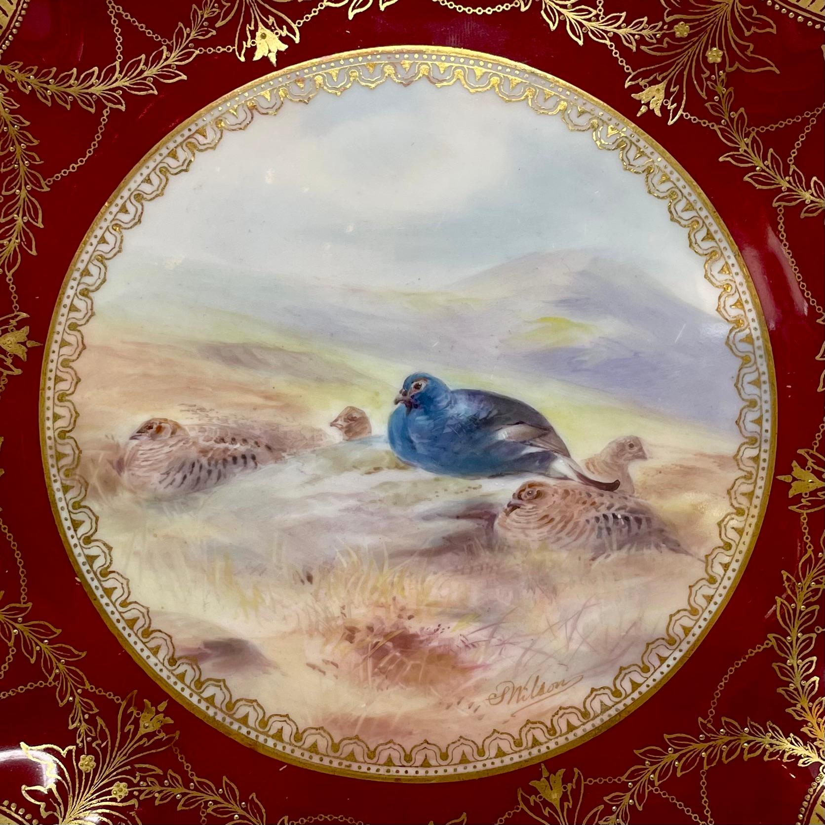 Set of 10 Antique English Royal Doulton Red and Gold Porcelain Game Birds Plates For Sale 2