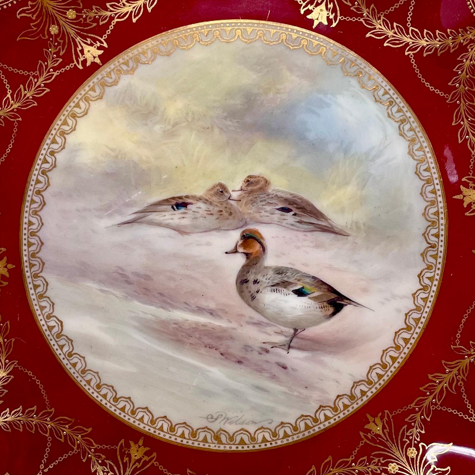 Set of 10 Antique English Royal Doulton Red and Gold Porcelain Game Birds Plates For Sale 3
