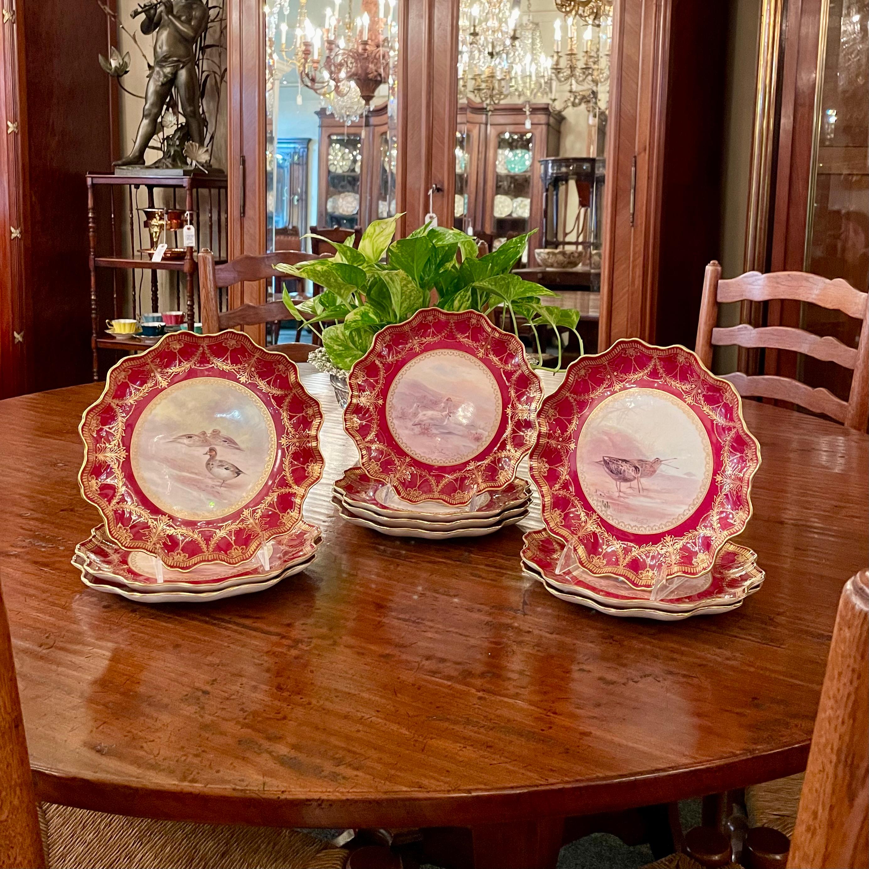 Set of 10 Antique English Royal Doulton Red and Gold Porcelain Game Birds Plates For Sale 5