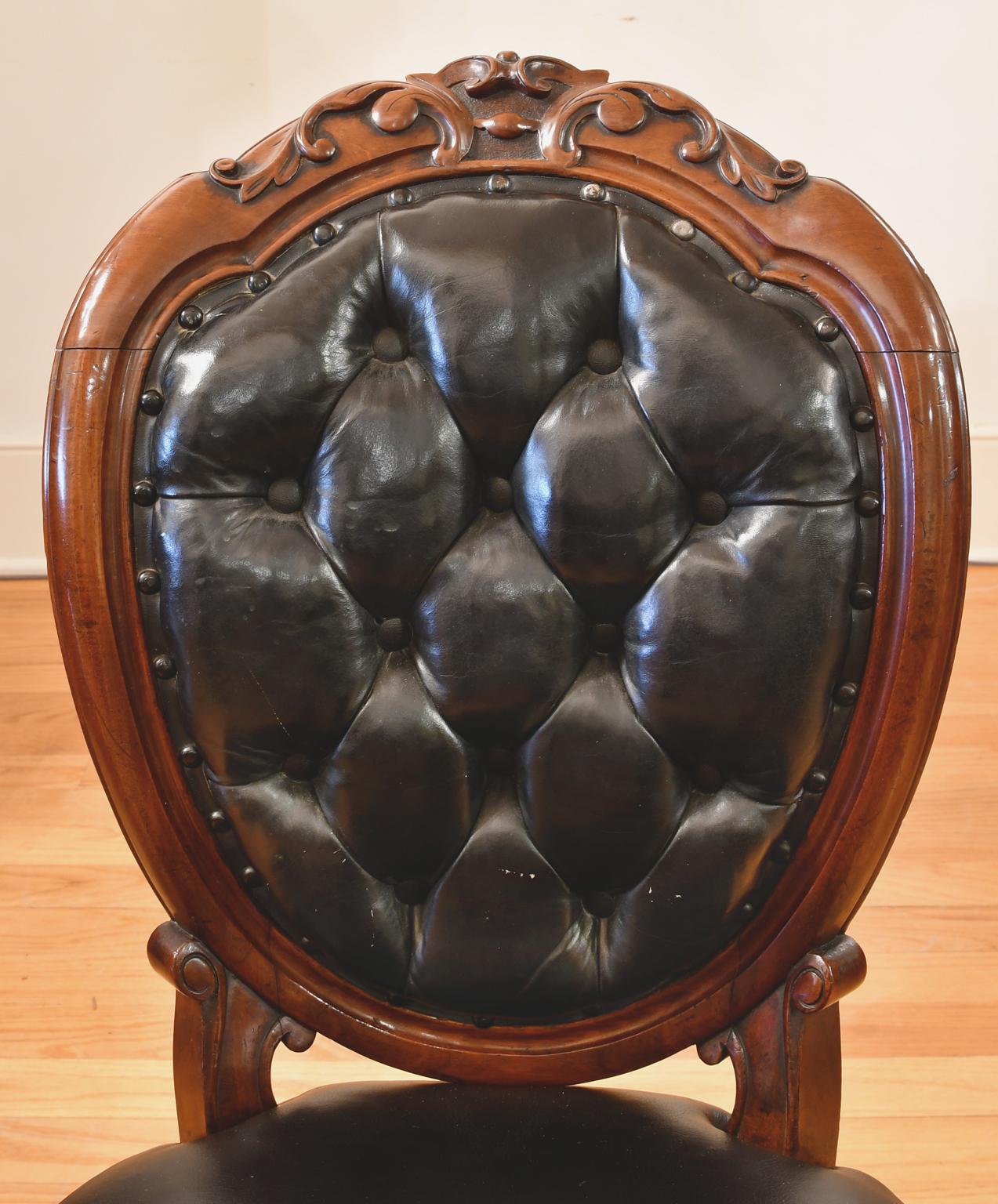 Set of 10 Antique English Victorian Dining Chairs with Black Tufted Leather 4